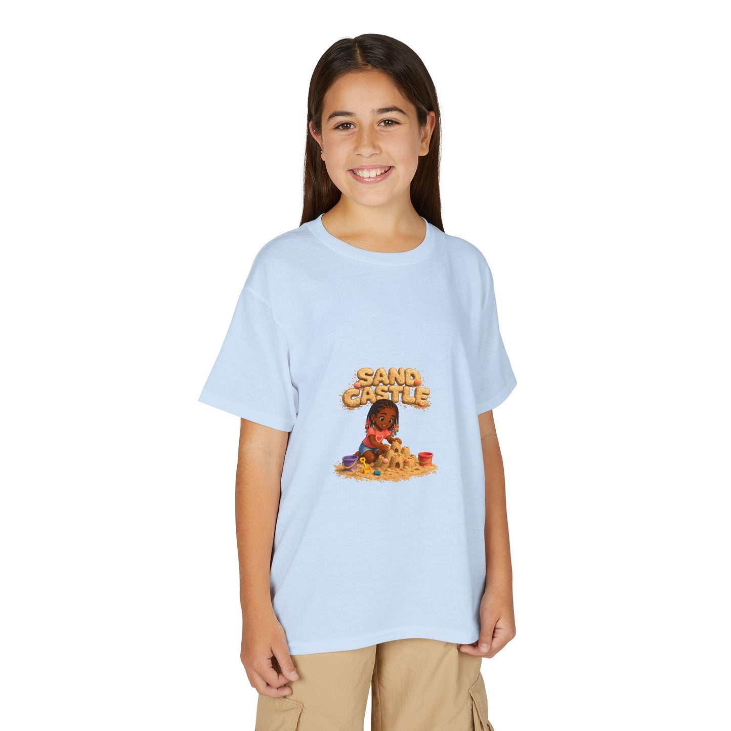 Kids "Sand Castle" Beach T‑Shirt — Cute Kid Building Sandcastle Graphic