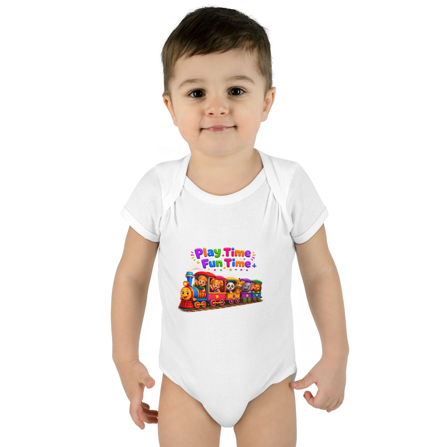 Play Time Fun Time Baby Bodysuit — Colorful Train Infant Onesie