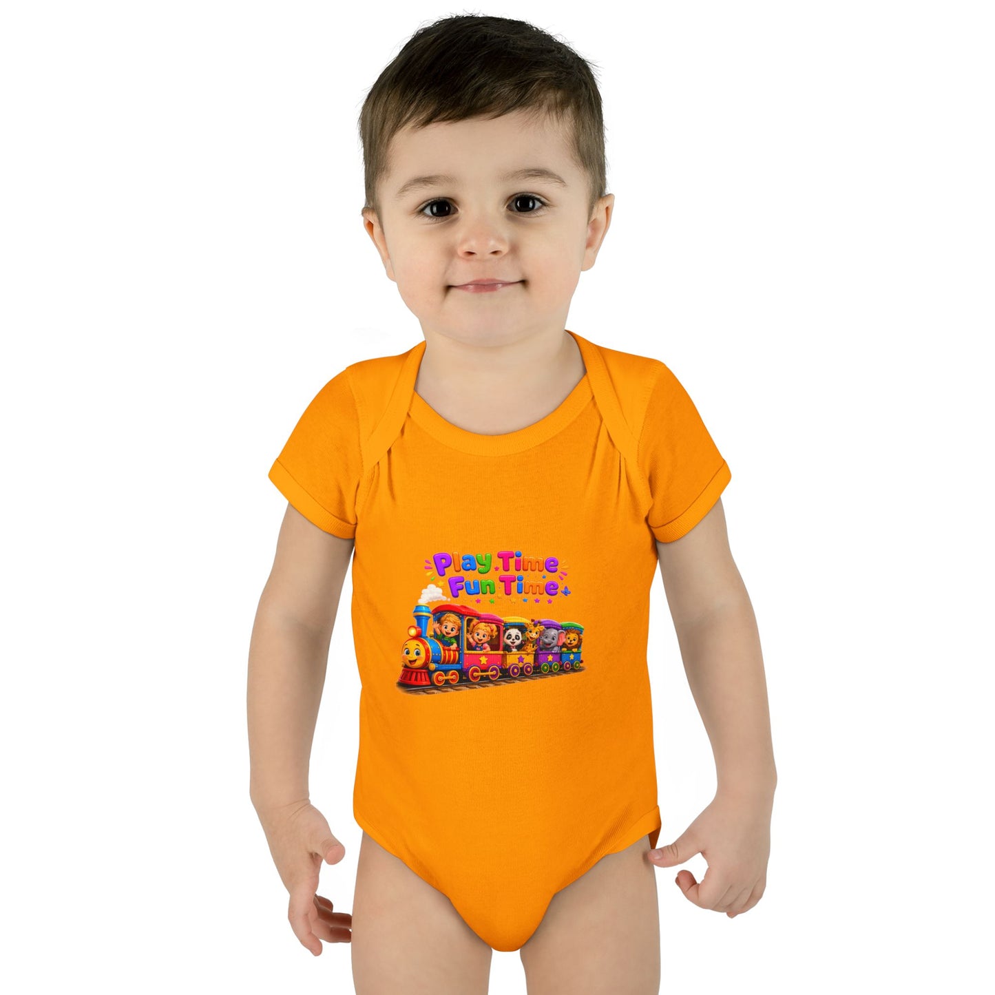 Play Time Fun Time Baby Bodysuit — Colorful Train Infant Onesie