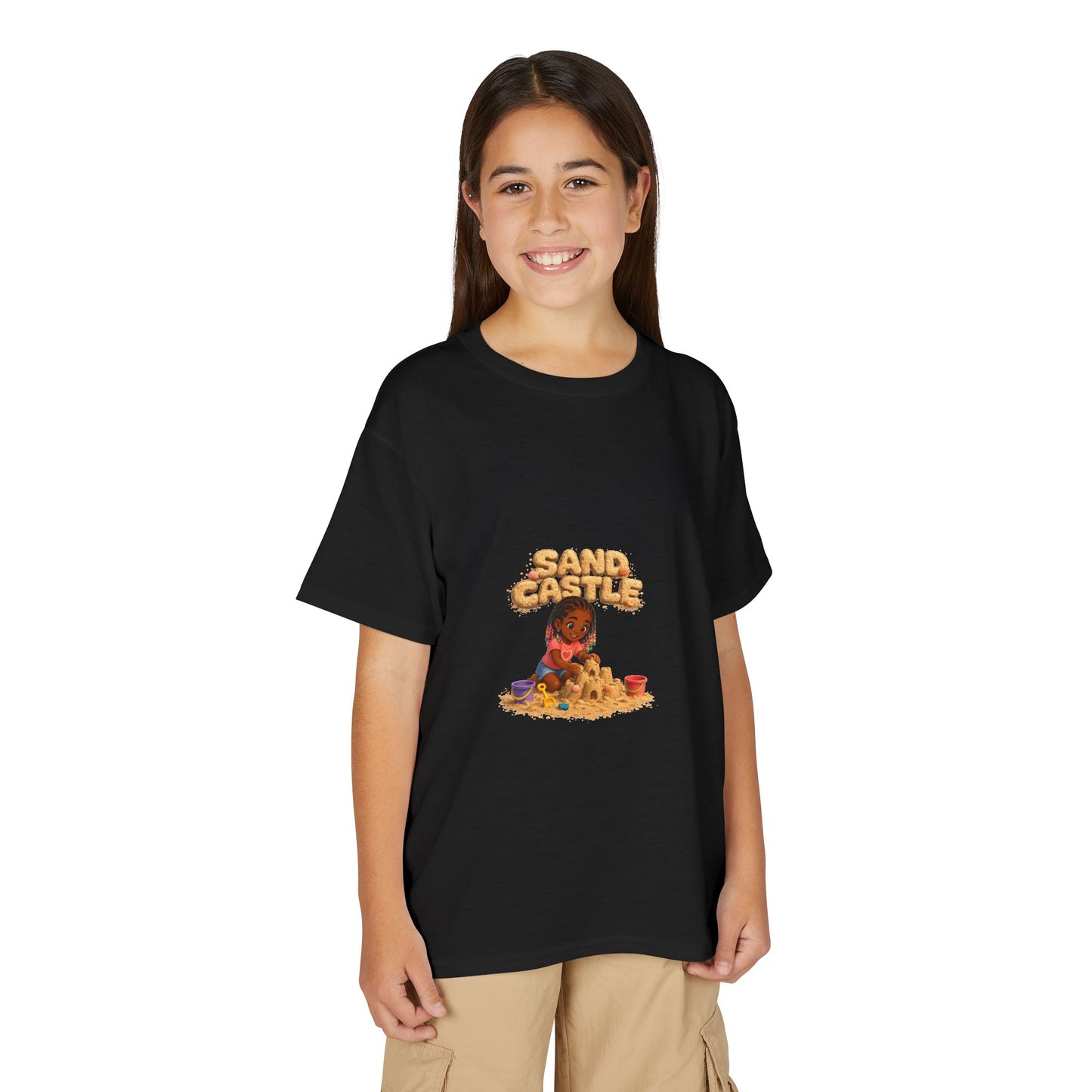 Kids "Sand Castle" Beach T‑Shirt — Cute Kid Building Sandcastle Graphic