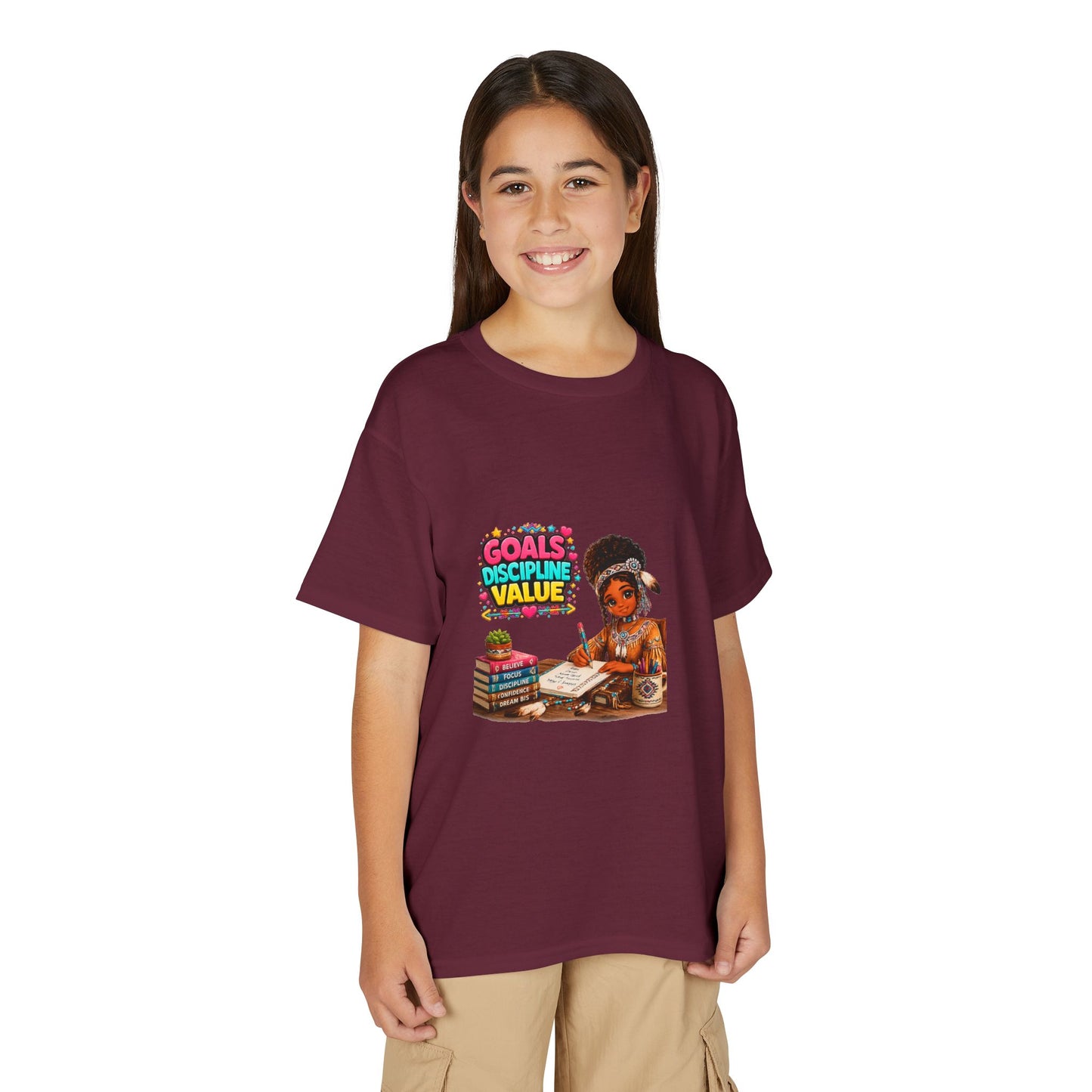 Youth T-Shirt — "Goals, Discipline, Value" Black Girl Studying Design