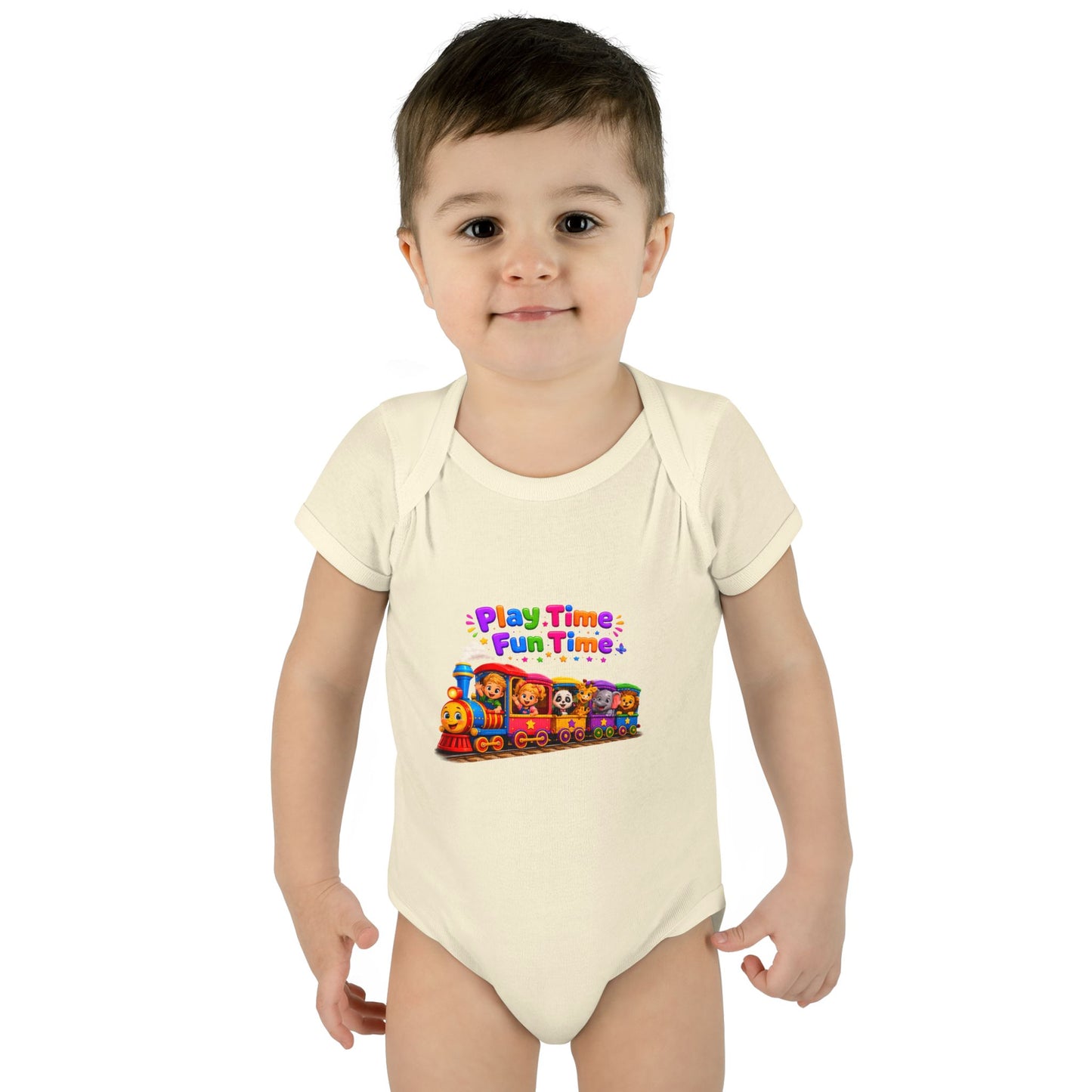 Play Time Fun Time Baby Bodysuit — Colorful Train Infant Onesie