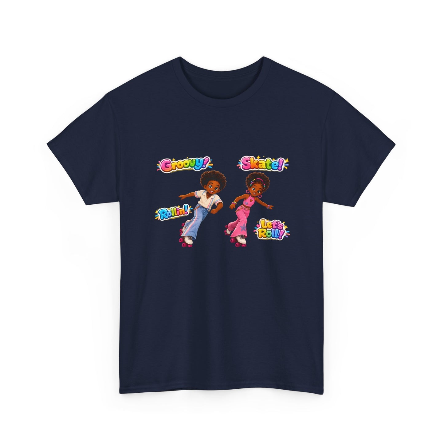 Roller Dance Kids T-Shirt — 'Groovy! Skate!' Retro Afro Puff Skaters Tee