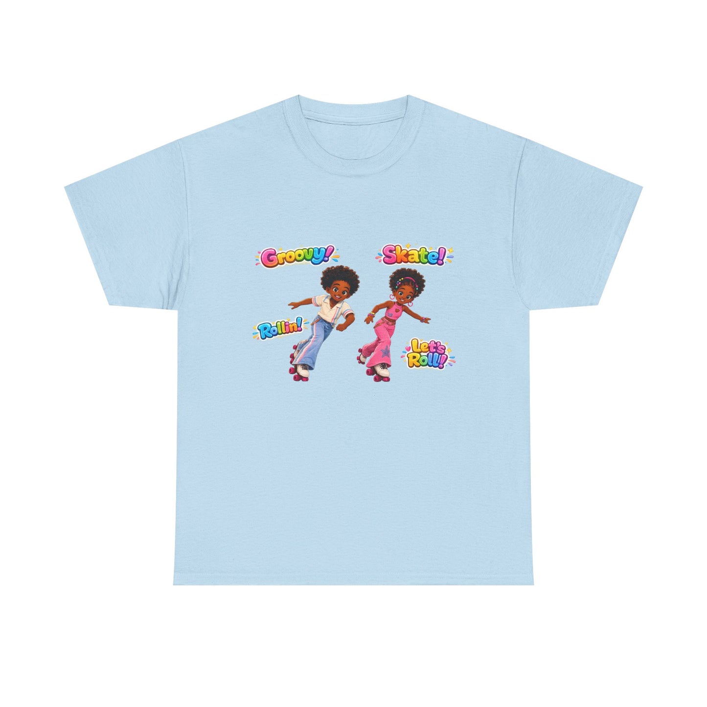 Retro Roller Skating Kids Tee — 'Groovy! Skate!' Colorful 70s-Inspired Shirt