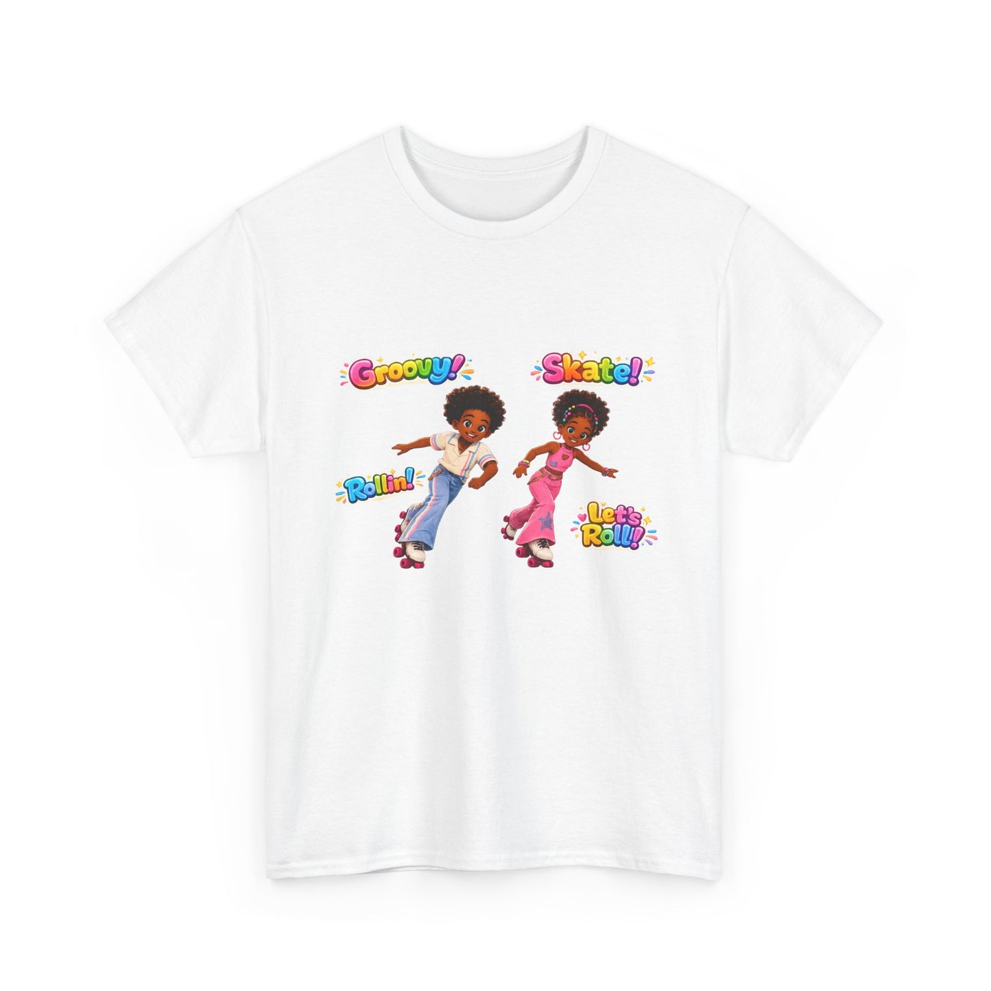 Retro Roller Skating Kids Tee — 'Groovy! Skate!' Colorful 70s-Inspired Shirt