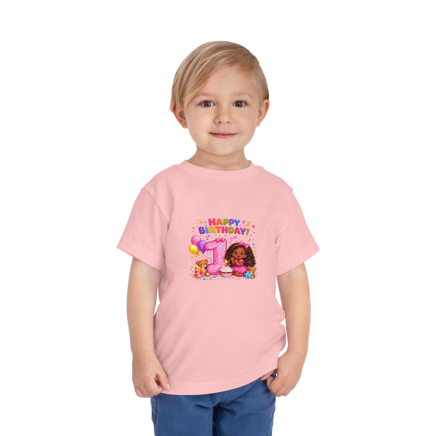 Happy 1st Birthday Toddler Tee — Cute Girl, Balloons & Cake