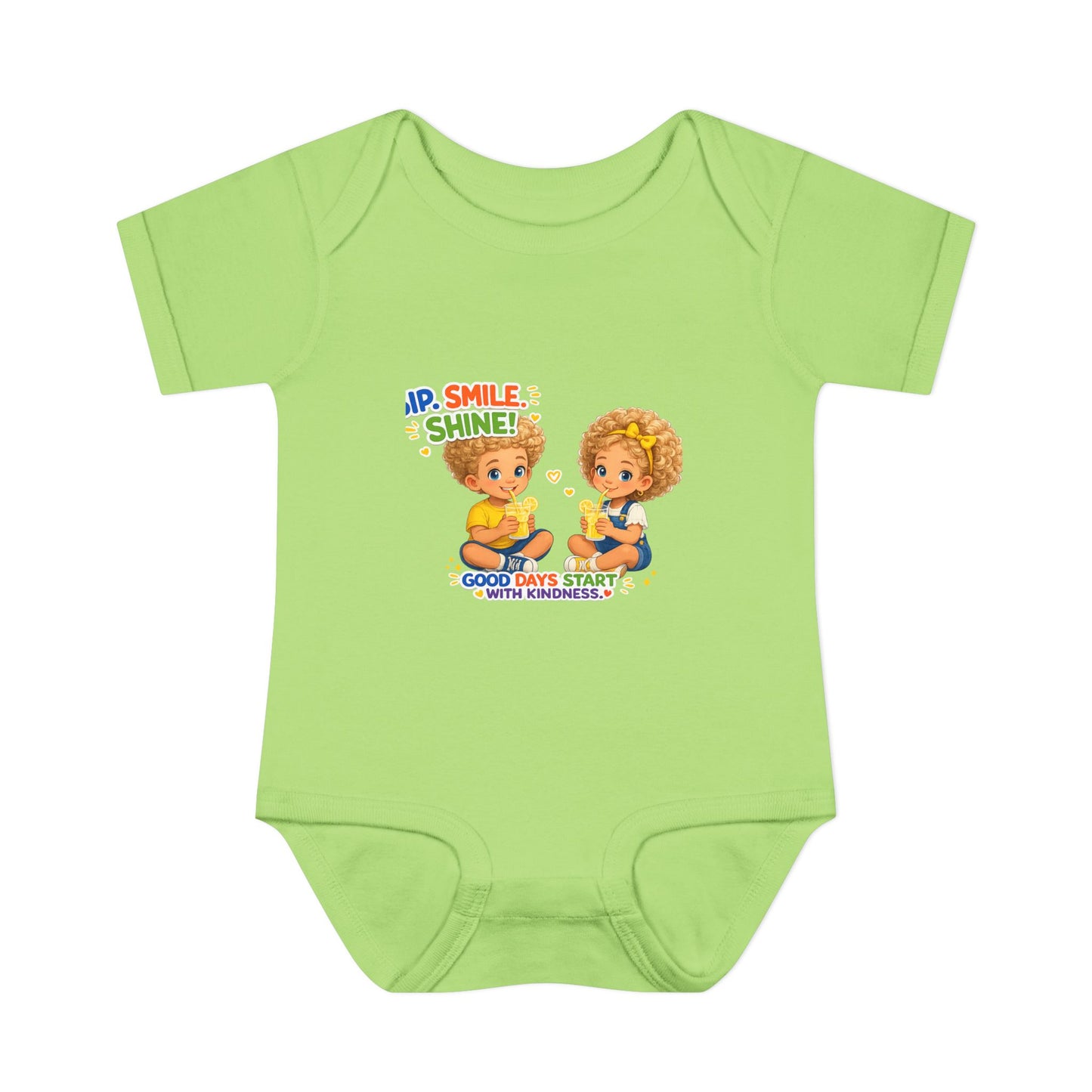 Infant Bodysuit "Rise, Smile, Shine!" Cute Kids Graphic Onesie — "Good Days Start with Kindness"