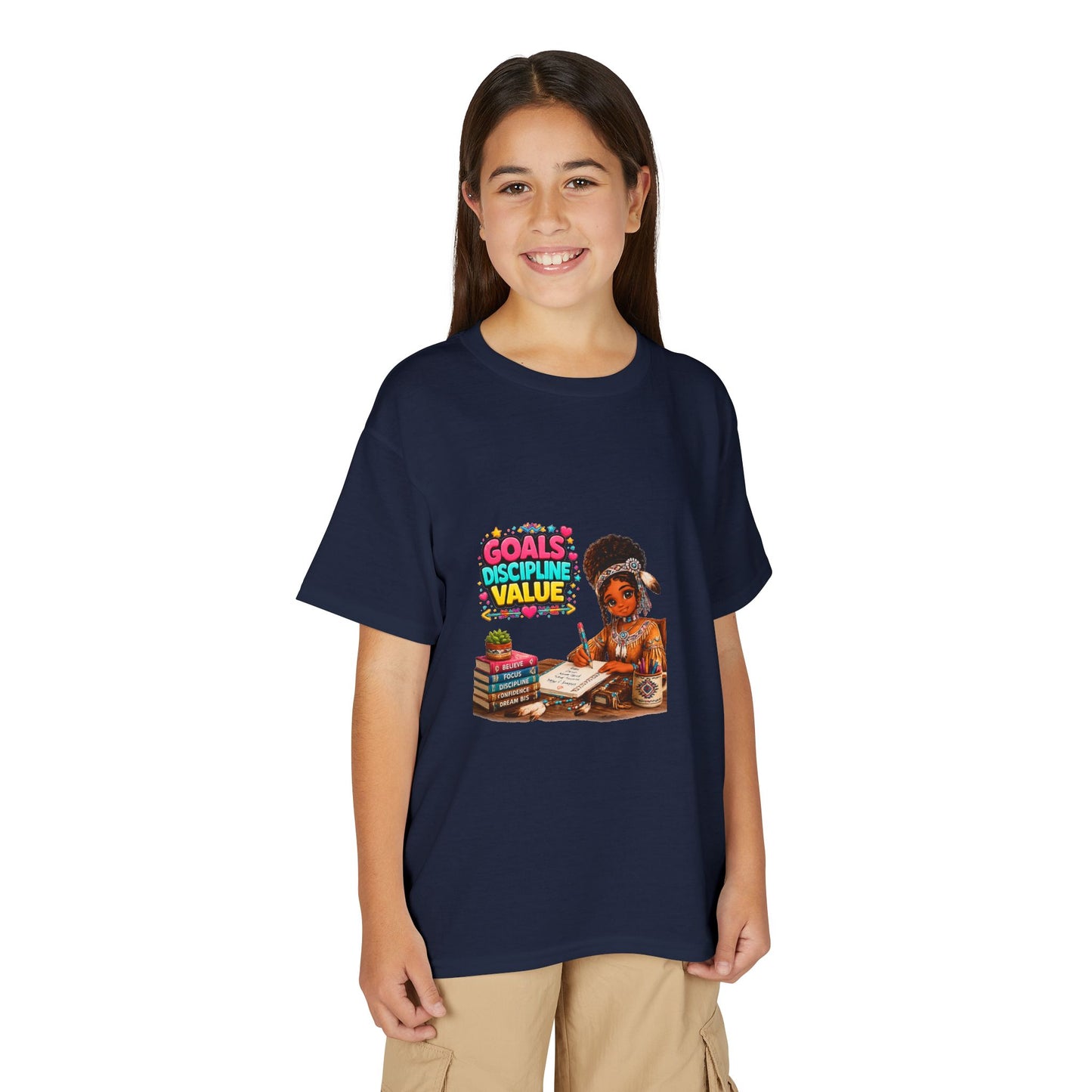 Youth T-Shirt — "Goals, Discipline, Value" Black Girl Studying Design