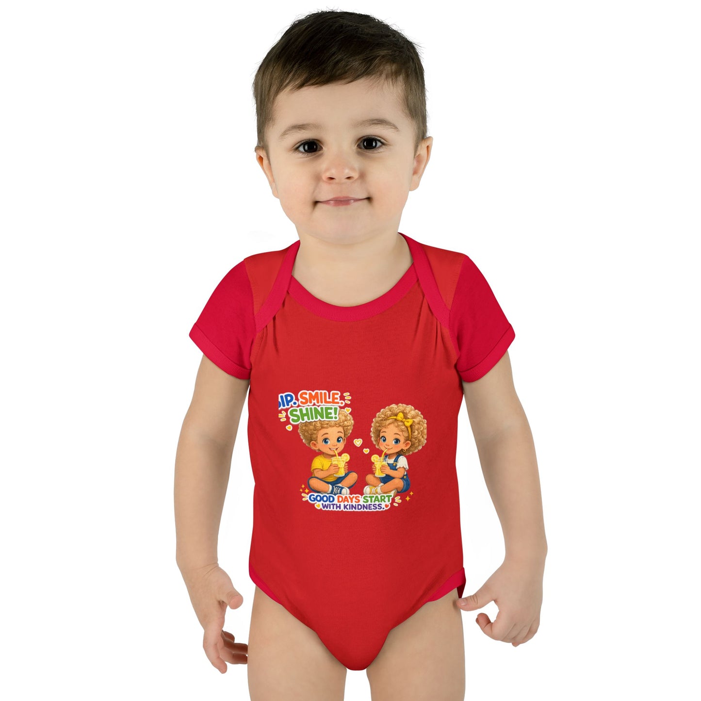 Infant Bodysuit "Rise, Smile, Shine!" Cute Kids Graphic Onesie — "Good Days Start with Kindness"