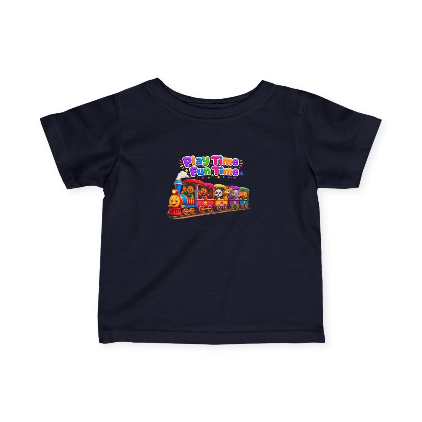 Infant Tee — "Play Time Fun Time" Colorful Toy Train Baby Shirt
