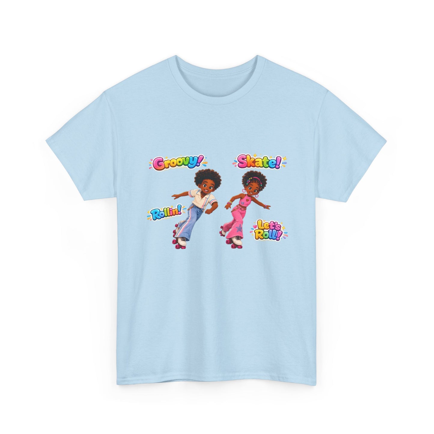 Retro Roller Skating Kids Tee — 'Groovy! Skate!' Colorful 70s-Inspired Shirt