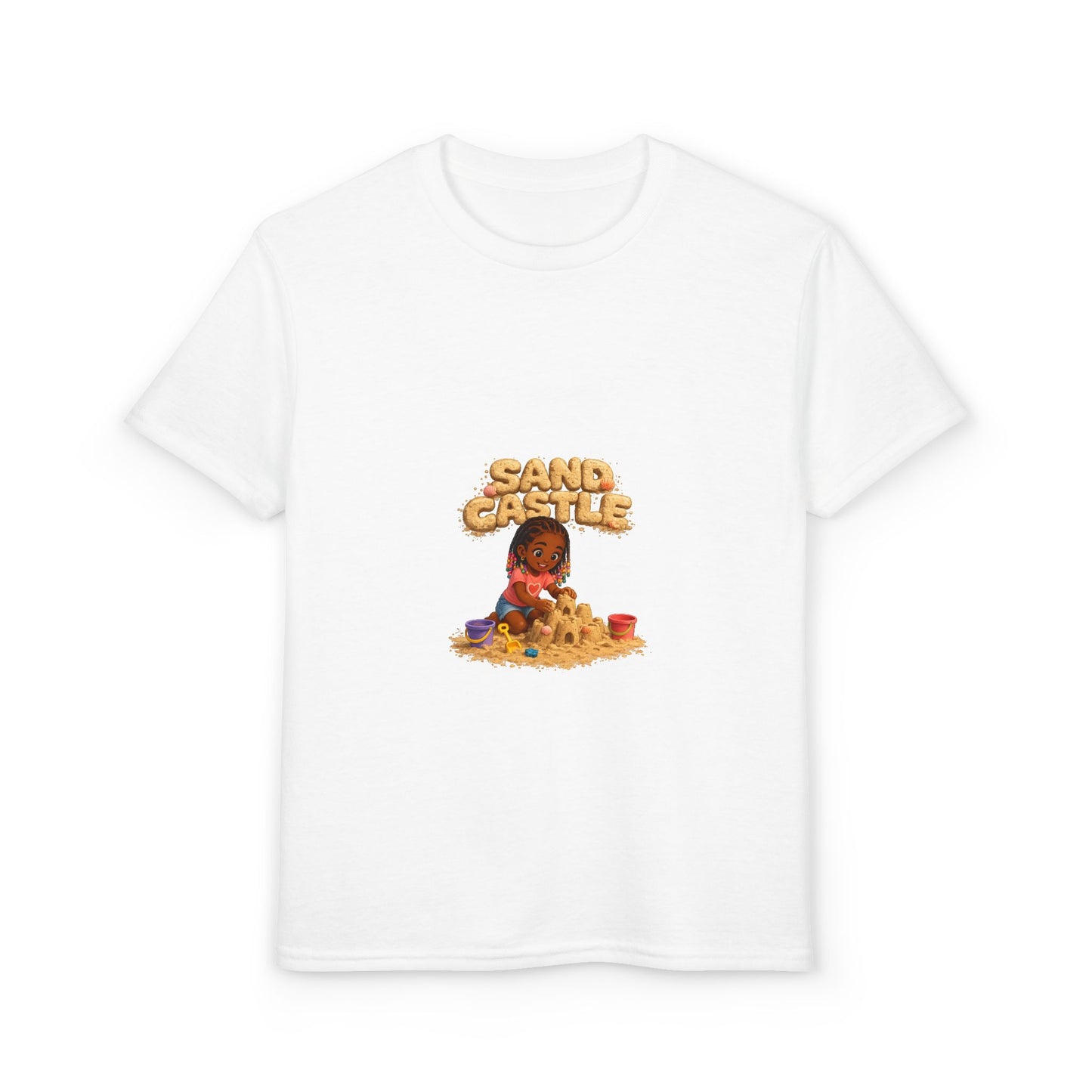 Kids "Sand Castle" Beach T‑Shirt — Cute Kid Building Sandcastle Graphic