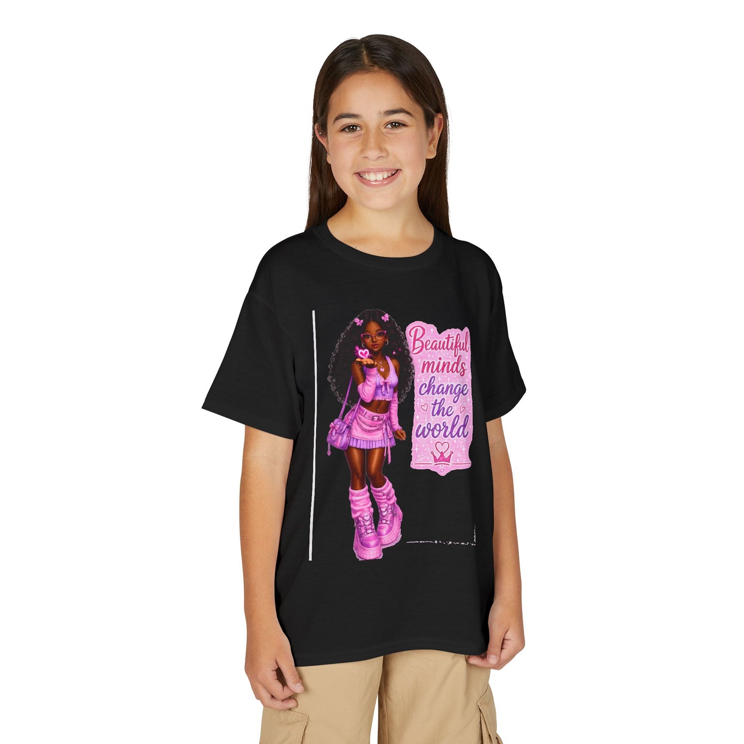 Youth T-Shirt — "Beautiful Minds Change the World" Pink Afro Girl Empowerment Tee