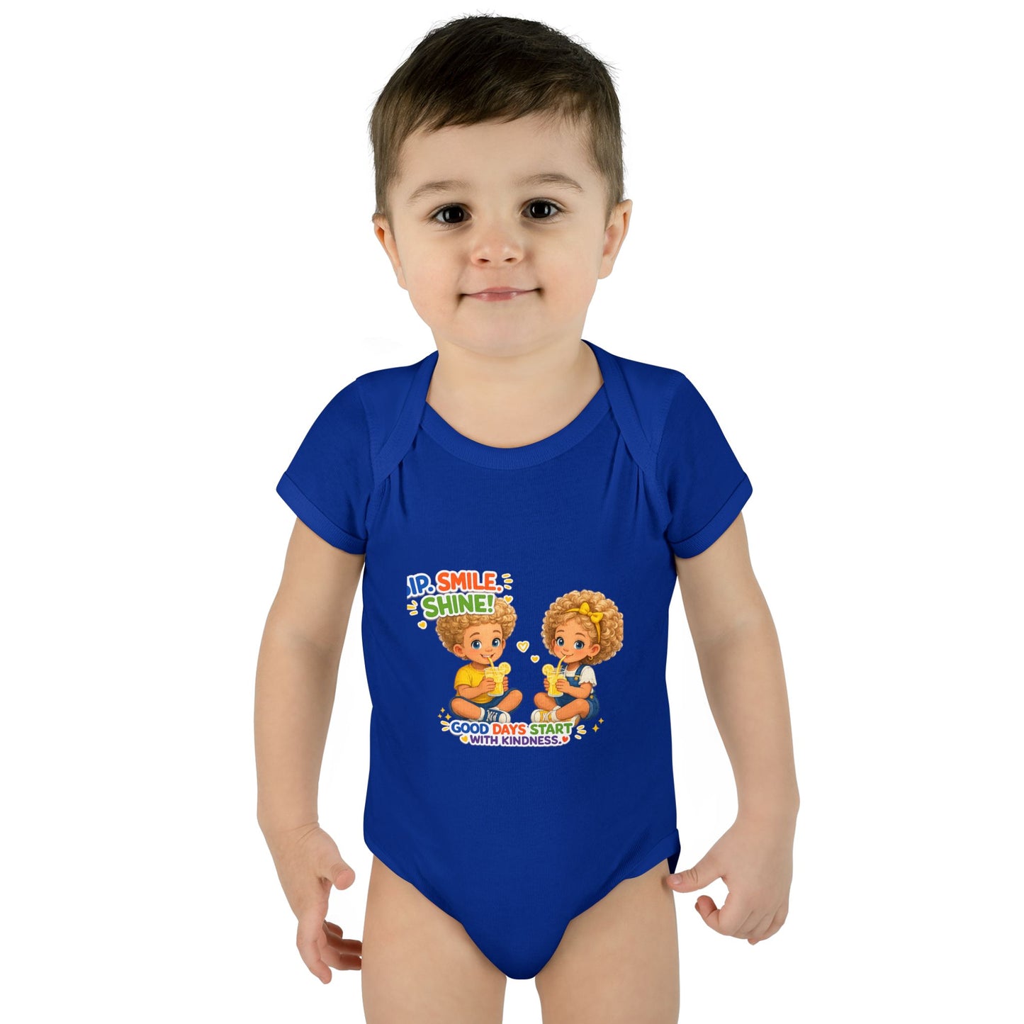 Infant Bodysuit "Rise, Smile, Shine!" Cute Kids Graphic Onesie — "Good Days Start with Kindness"