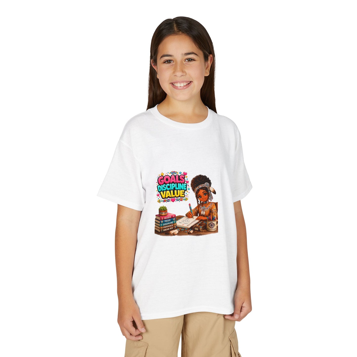 Youth T-Shirt — "Goals, Discipline, Value" Black Girl Studying Design