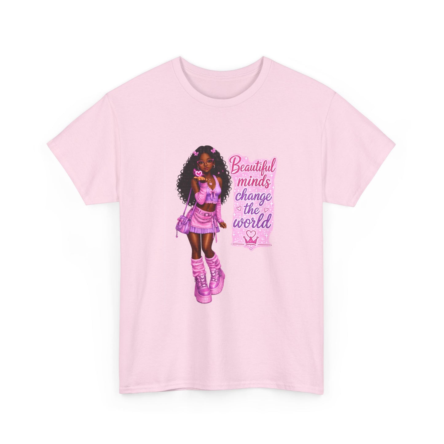 T-Shirt — 'Beautiful Minds Change the World' Pink Afro Girl Graphic