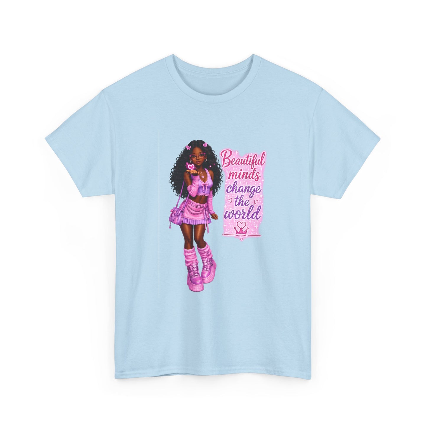 T-Shirt — 'Beautiful Minds Change the World' Pink Afro Girl Graphic