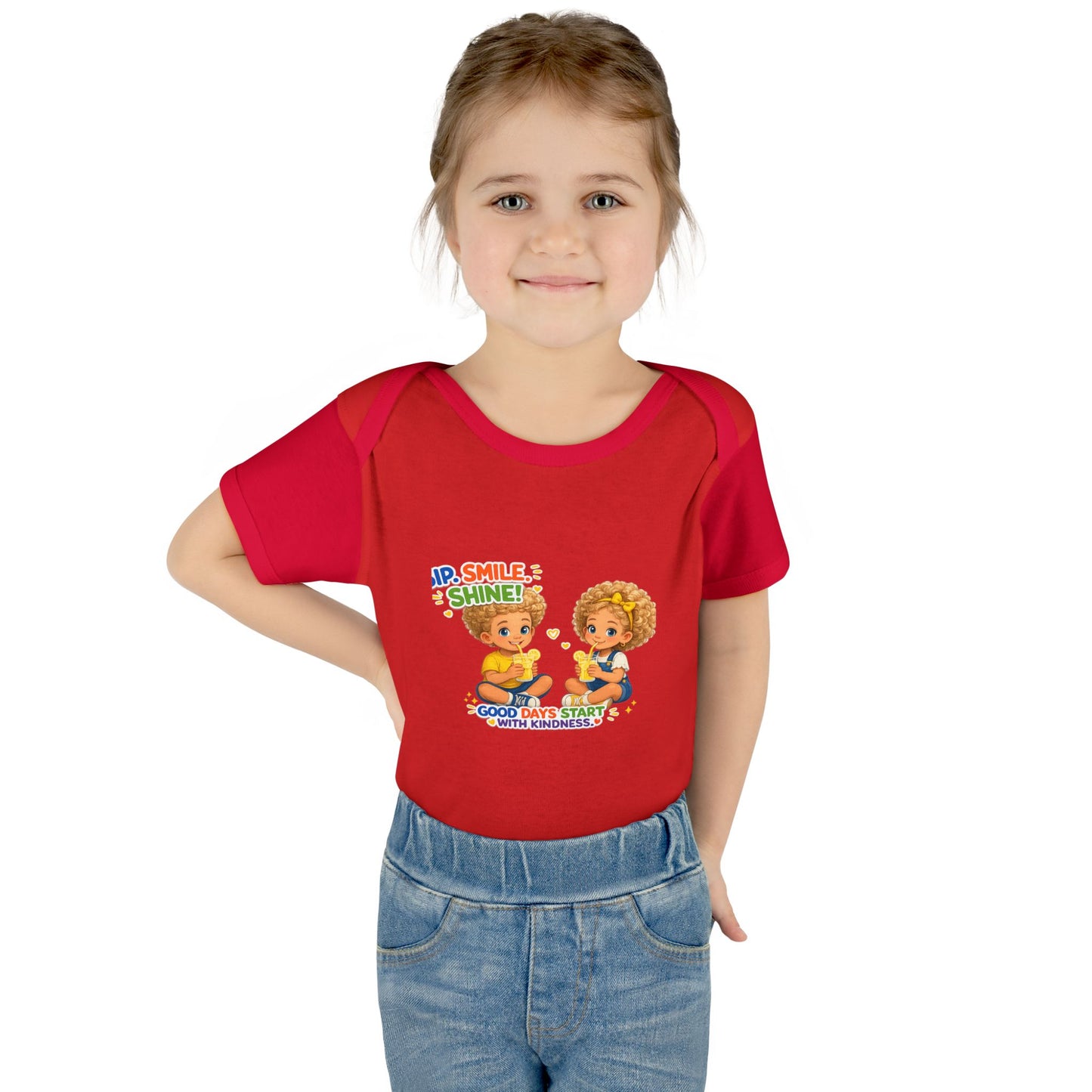Infant Bodysuit "Rise, Smile, Shine!" Cute Kids Graphic Onesie — "Good Days Start with Kindness"