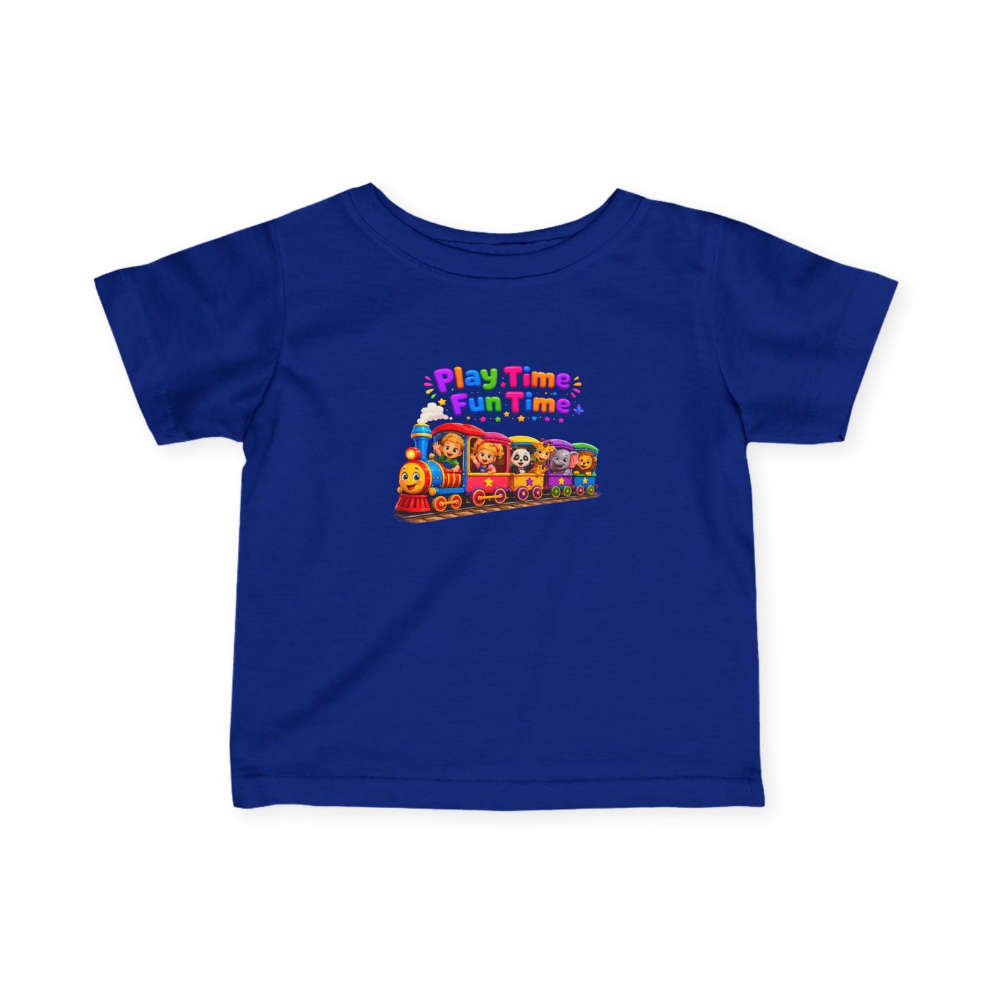 Infant Tee — "Play Time, Fun Time" Colorful Train Baby Shirt