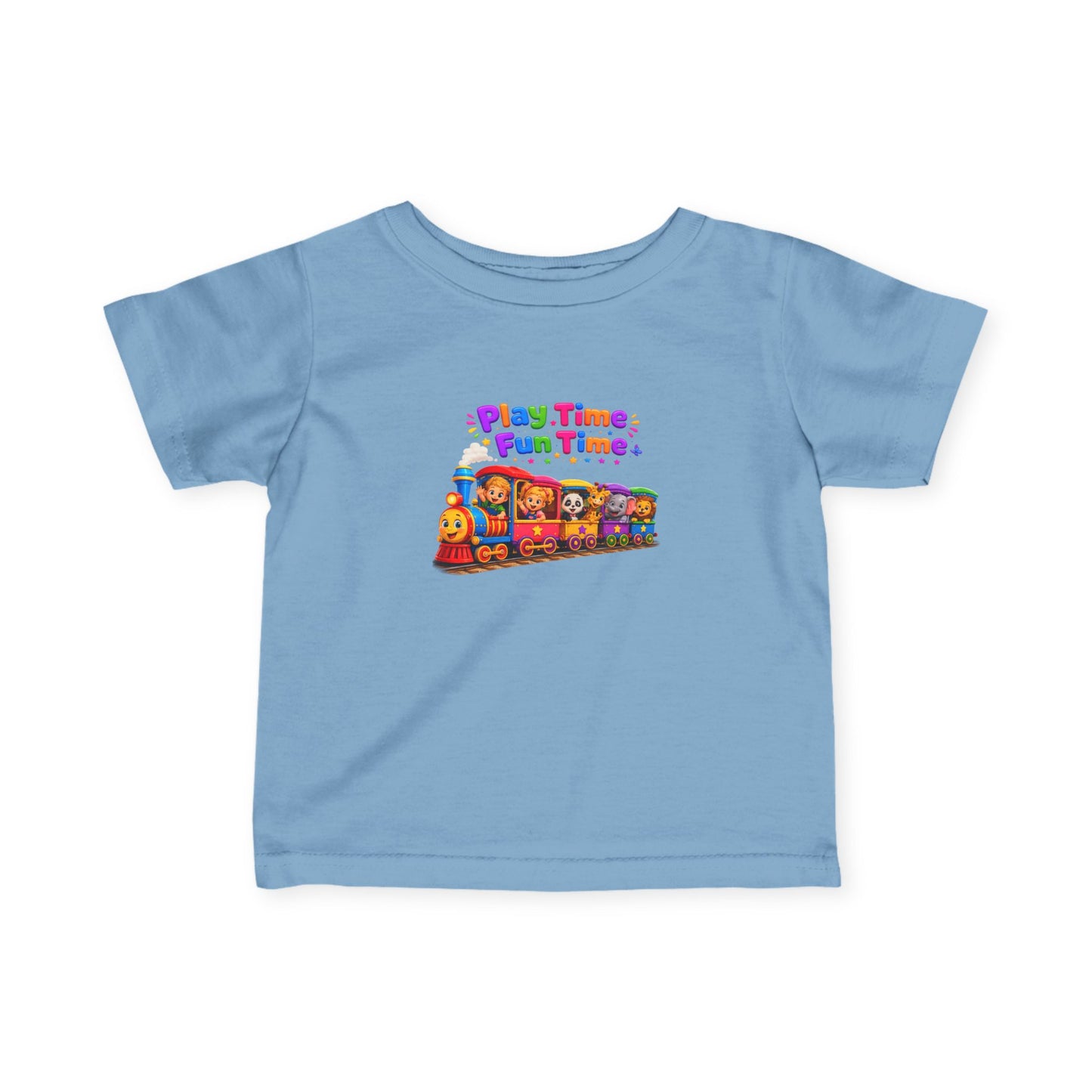 Infant Tee — "Play Time, Fun Time" Colorful Train Baby Shirt