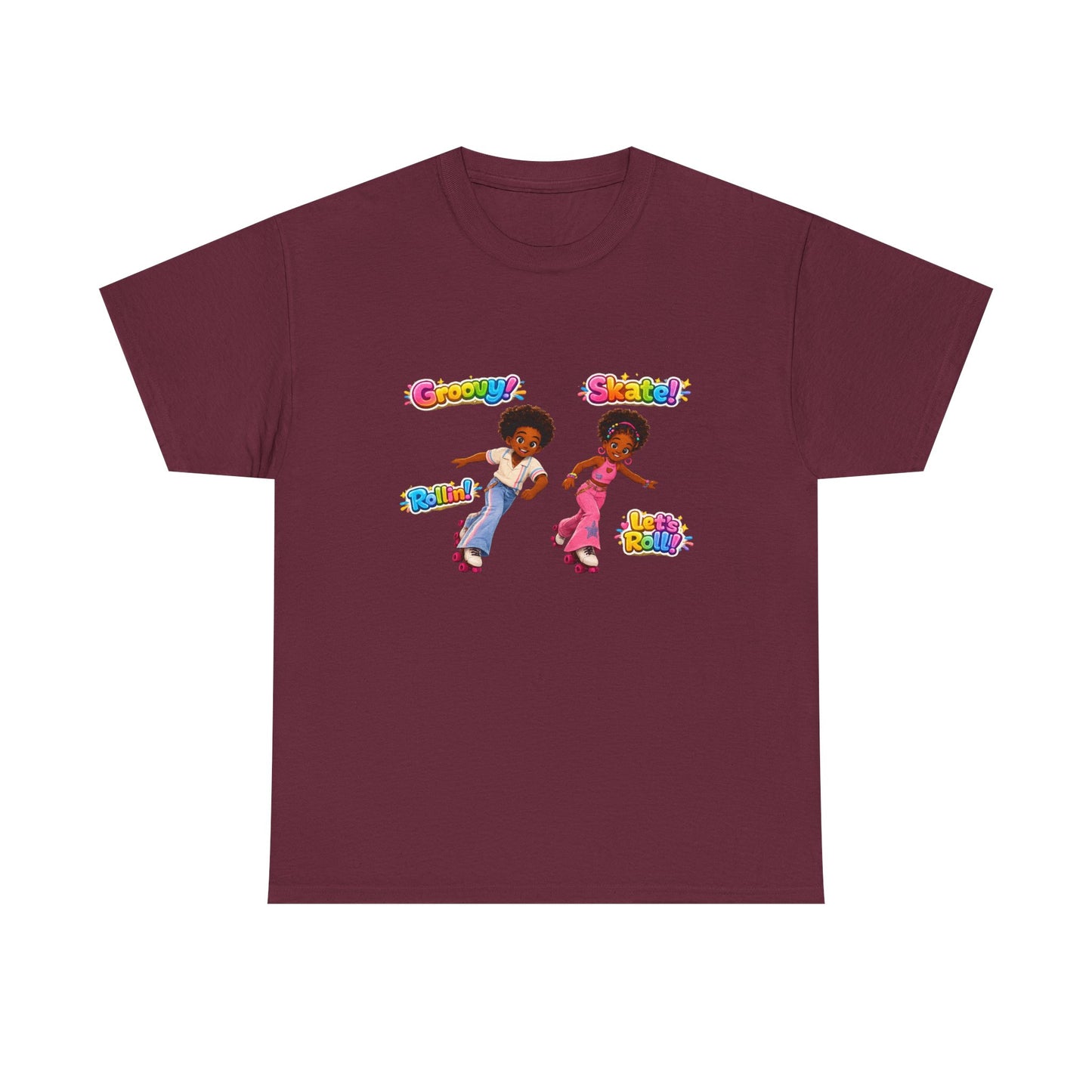 Roller Dance Kids T-Shirt — 'Groovy! Skate!' Retro Afro Puff Skaters Tee