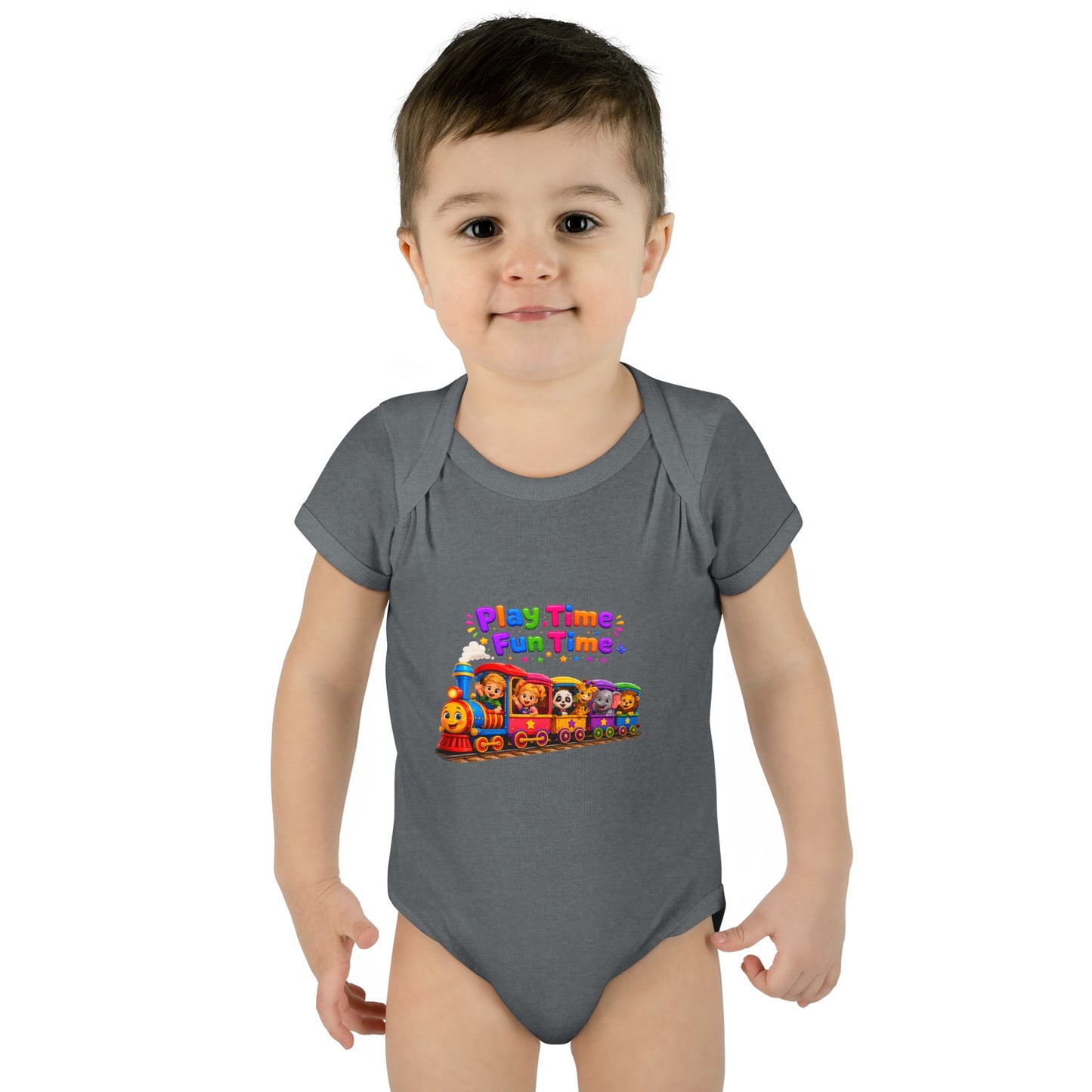 Play Time Fun Time Baby Bodysuit — Colorful Train Infant Onesie