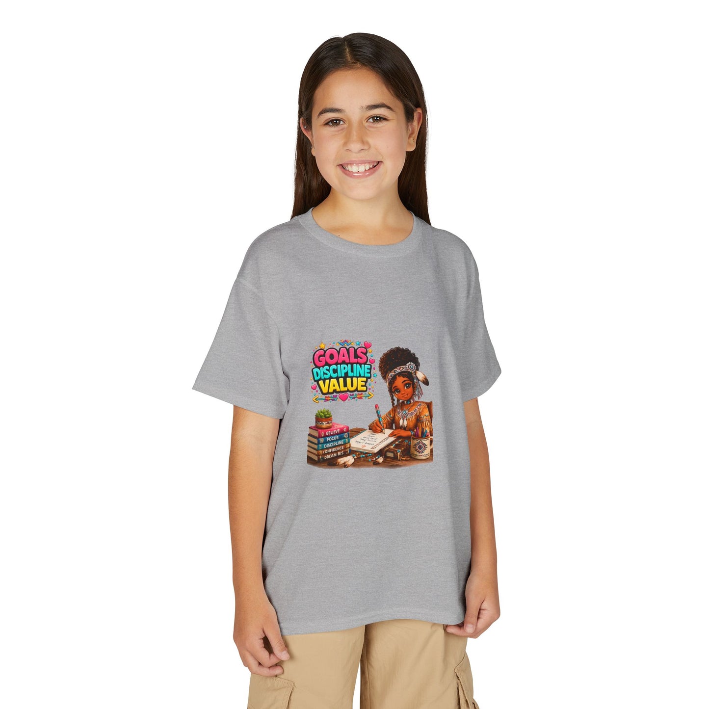 Youth T-Shirt — "Goals, Discipline, Value" Black Girl Studying Design