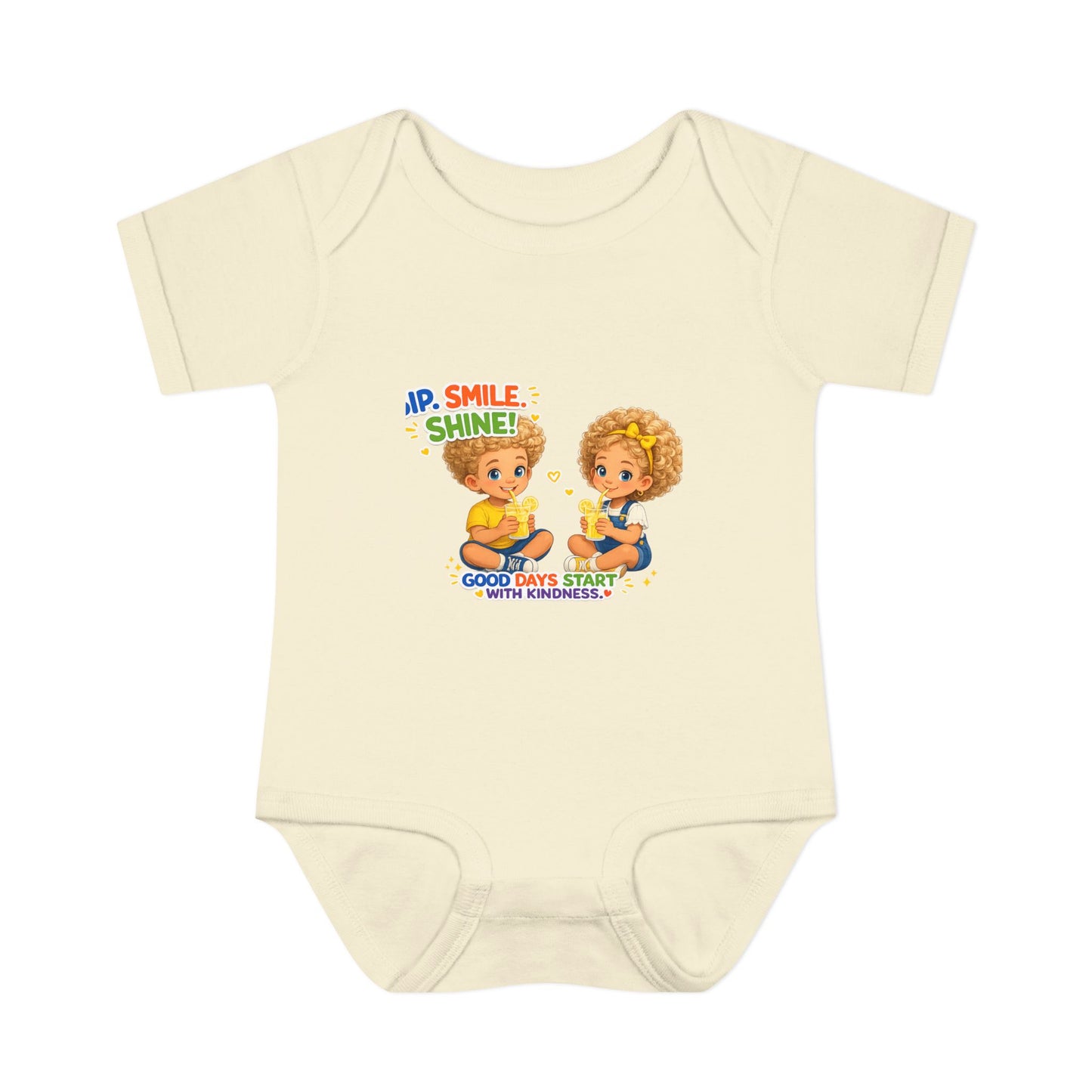 Infant Bodysuit "Rise, Smile, Shine!" Cute Kids Graphic Onesie — "Good Days Start with Kindness"
