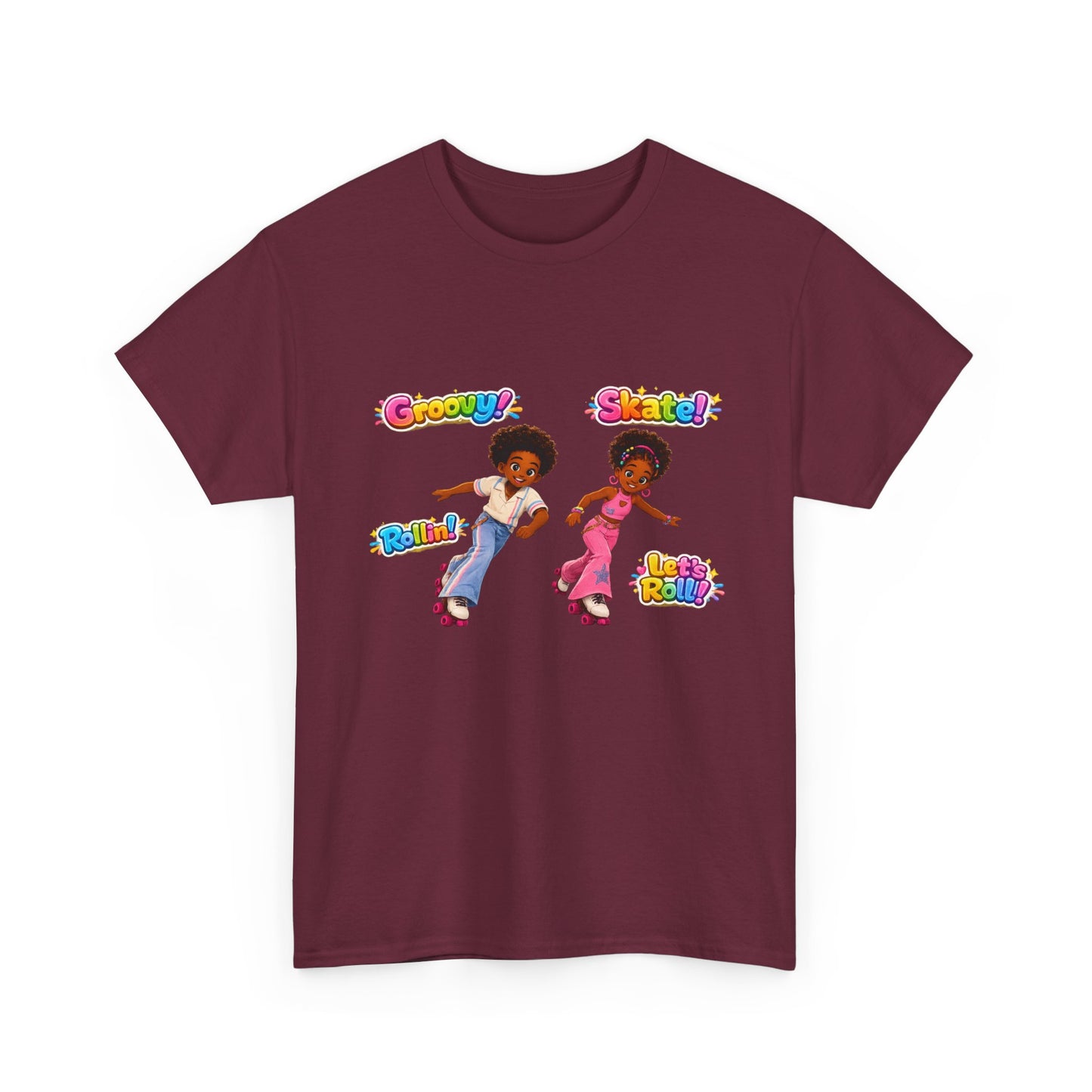 Retro Roller Skating Kids Tee — 'Groovy! Skate!' Colorful 70s-Inspired Shirt