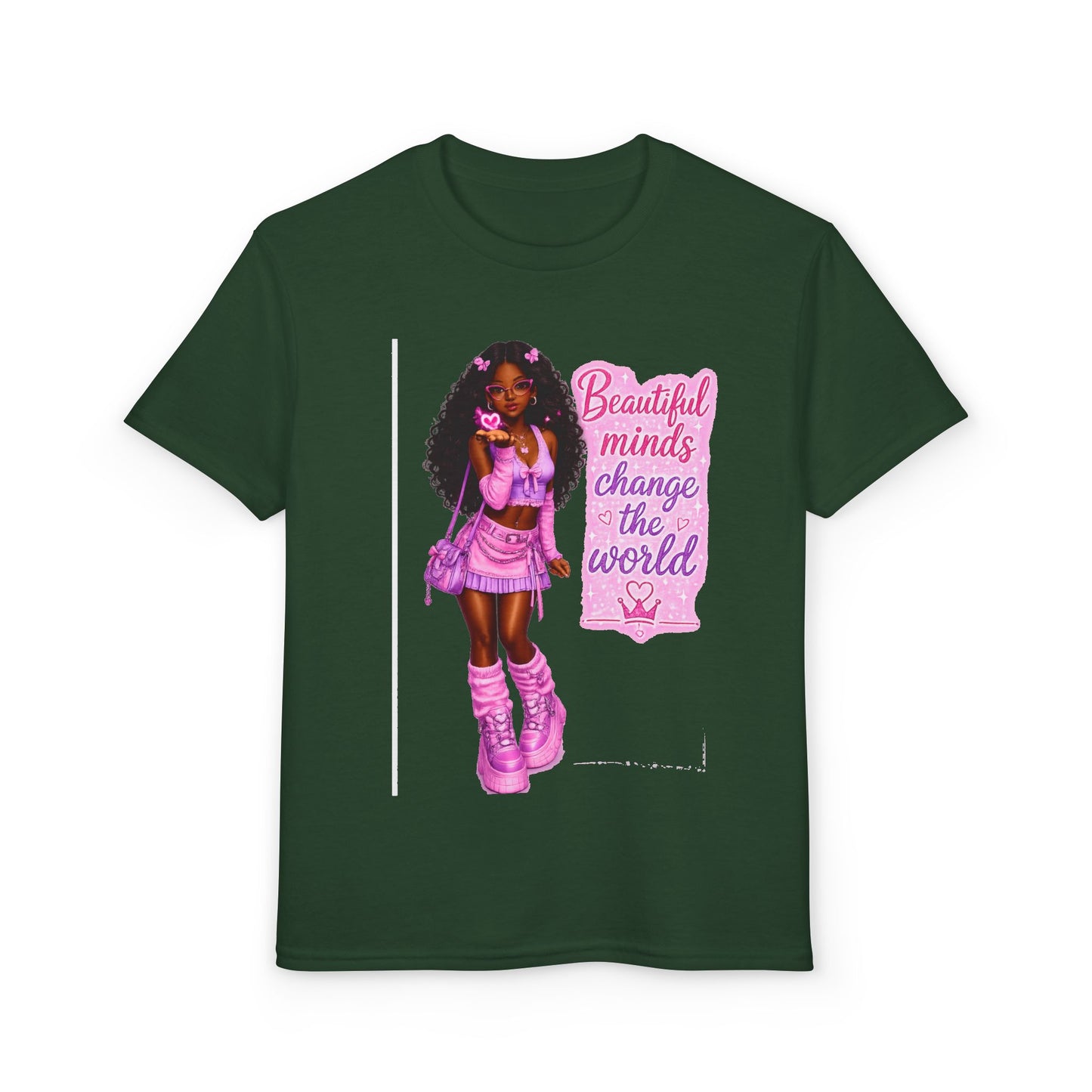 Youth T-Shirt — "Beautiful Minds Change the World" Pink Afro Girl Empowerment Tee