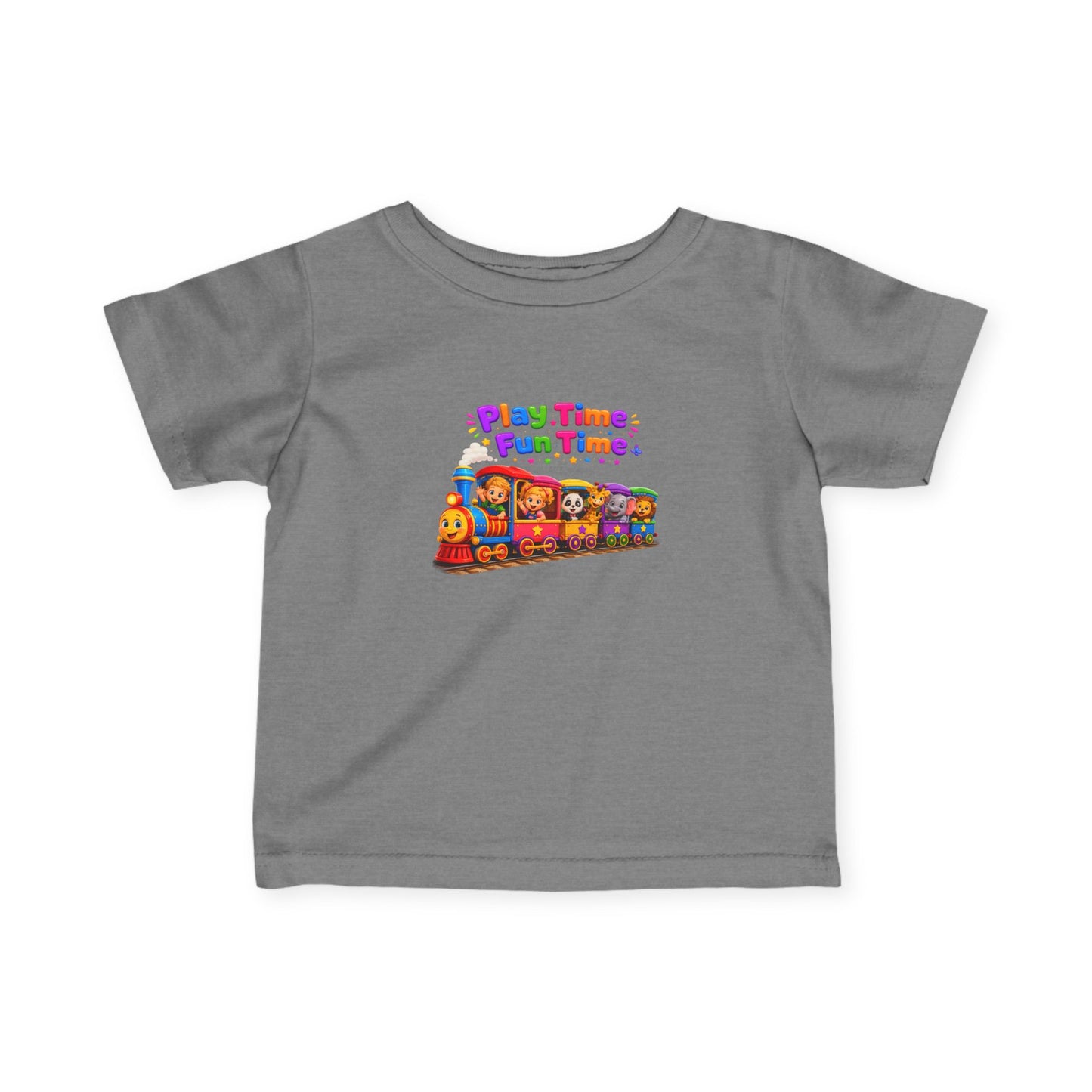 Infant Tee — "Play Time, Fun Time" Colorful Train Baby Shirt