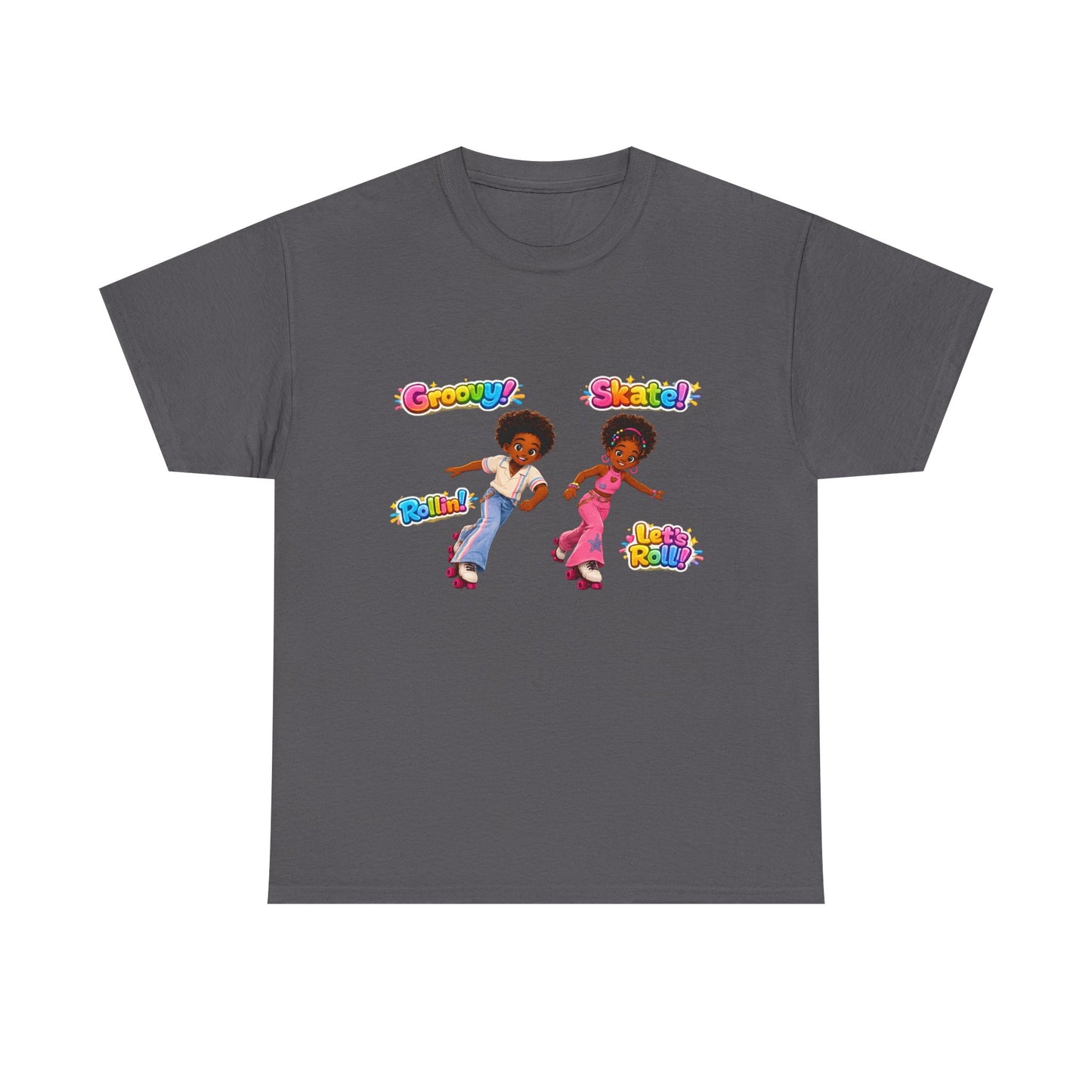 Retro Roller Skating Kids Tee — 'Groovy! Skate!' Colorful 70s-Inspired Shirt