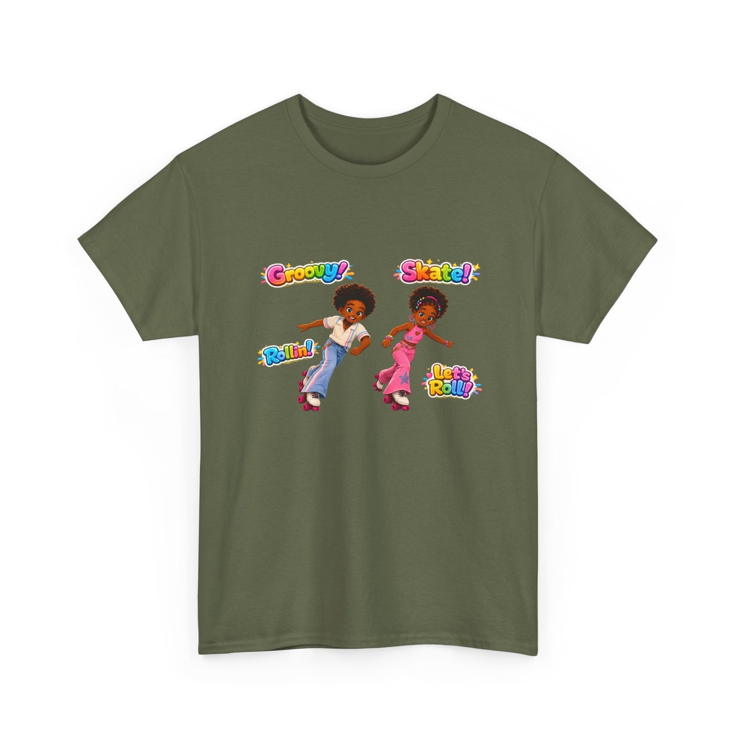 Roller Dance Kids T-Shirt — 'Groovy! Skate!' Retro Afro Puff Skaters Tee