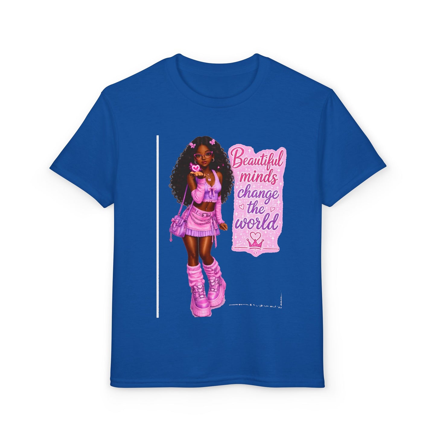 Youth T-Shirt — "Beautiful Minds Change the World" Pink Afro Girl Empowerment Tee