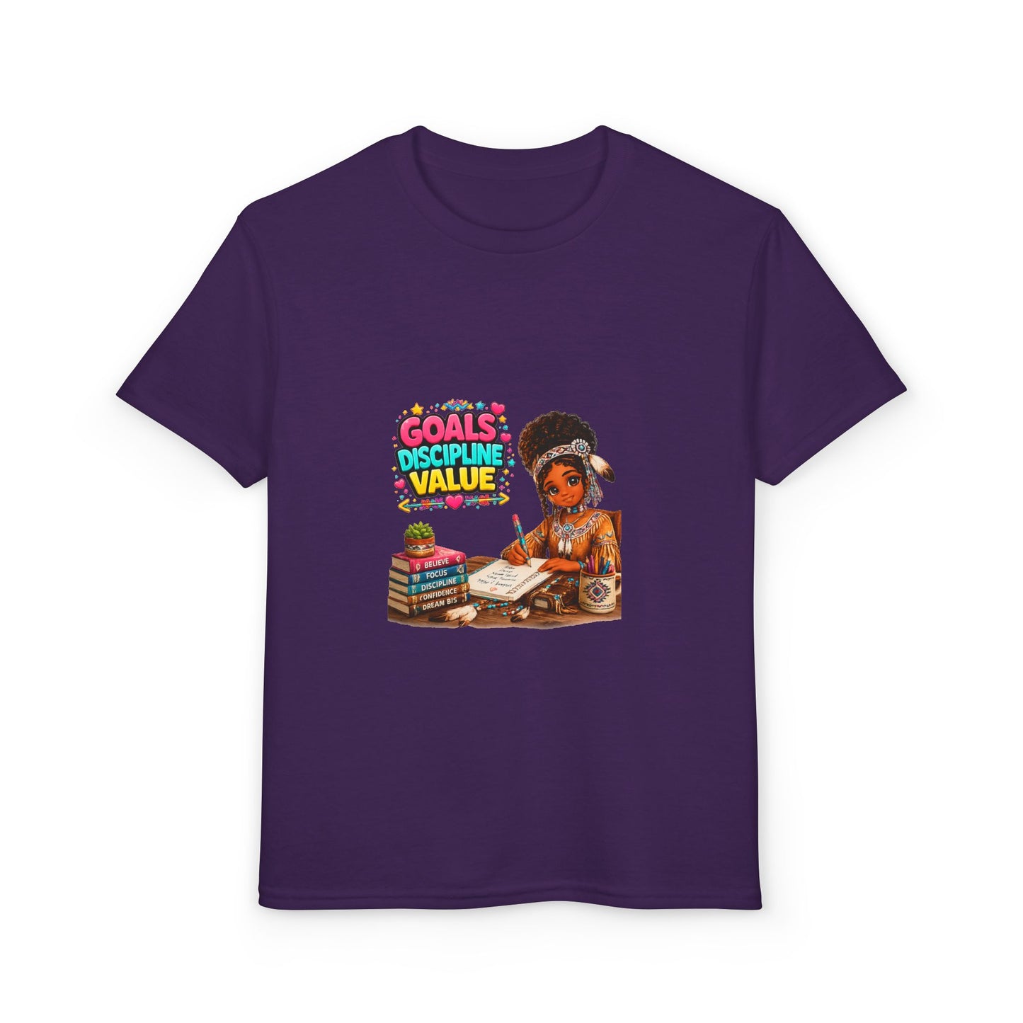 Youth T-Shirt — "Goals, Discipline, Value" Black Girl Studying Design
