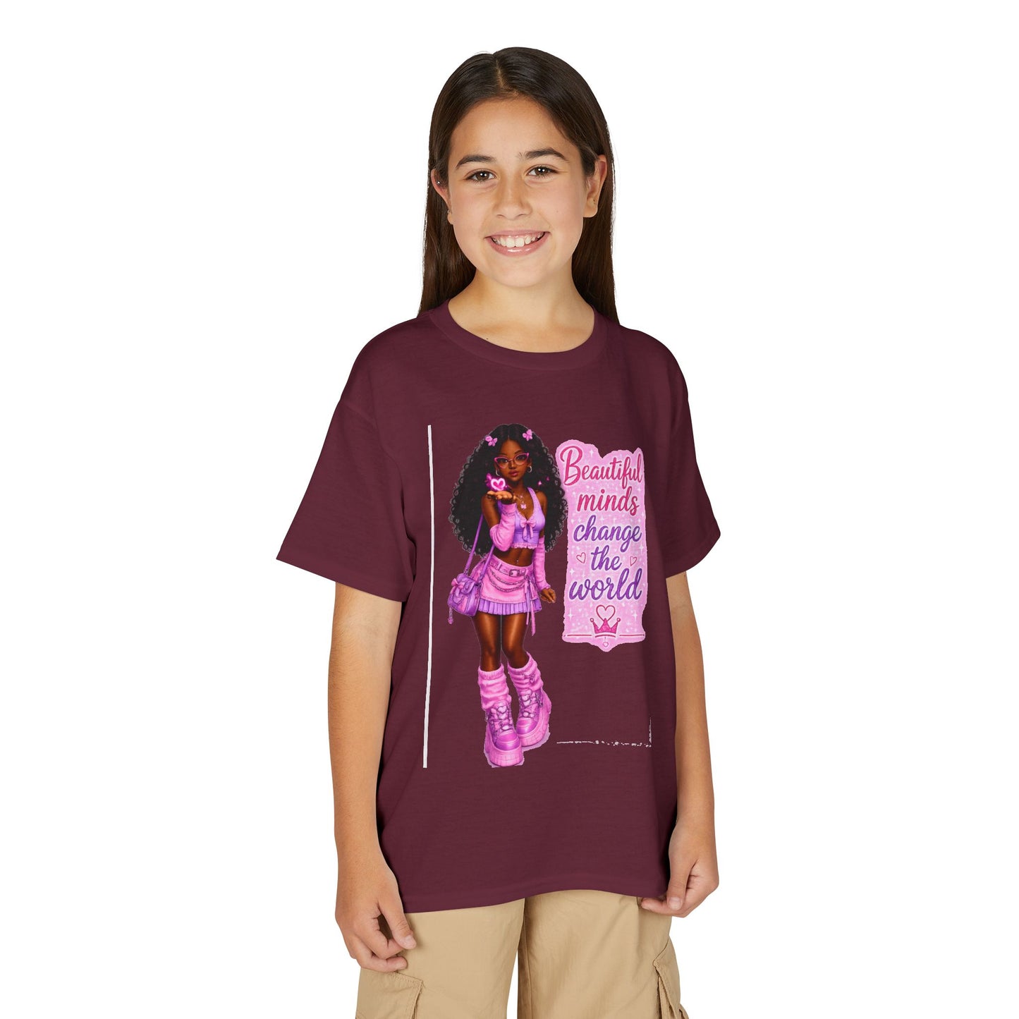 Youth T-Shirt — "Beautiful Minds Change the World" Pink Afro Girl Empowerment Tee