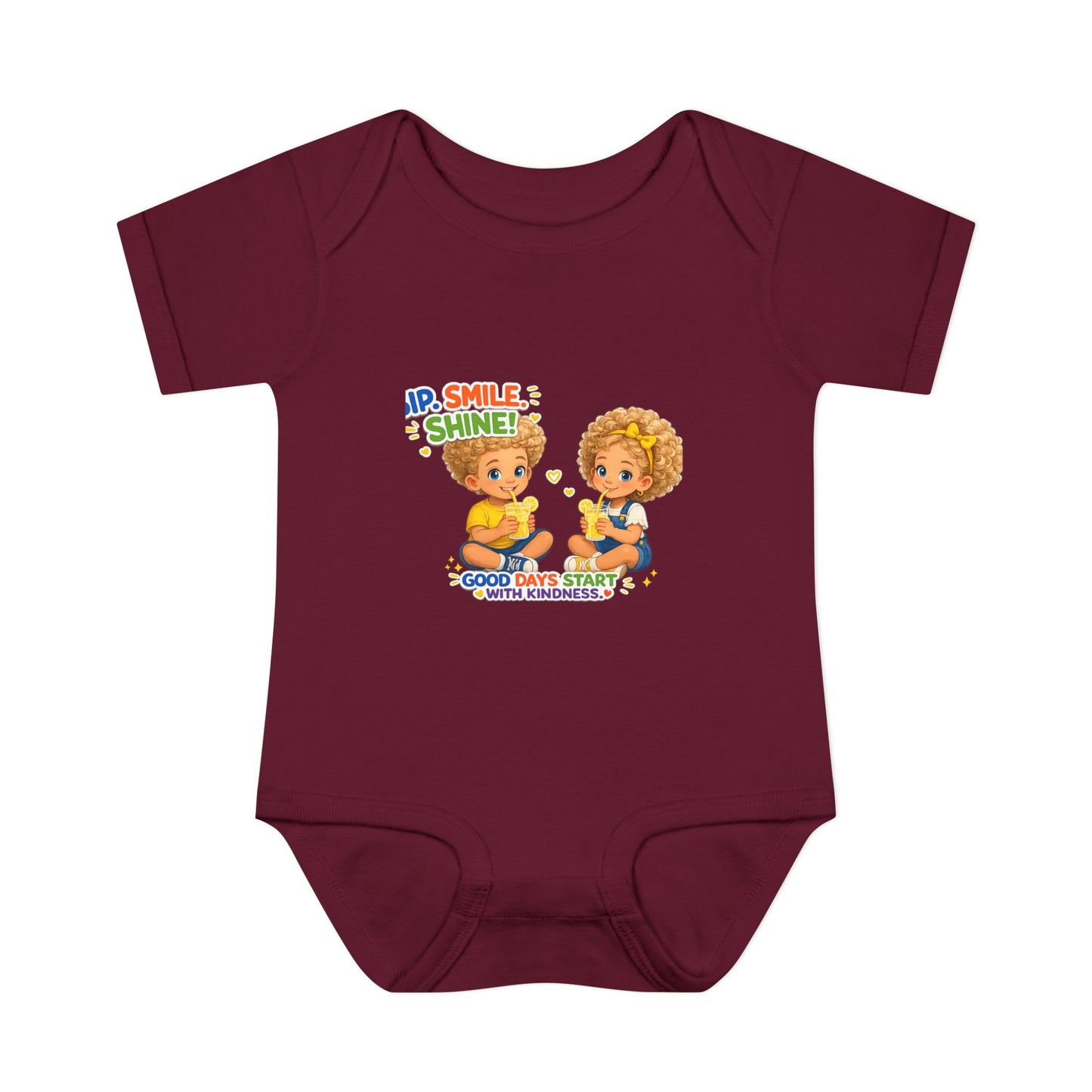 Infant Bodysuit "Rise, Smile, Shine!" Cute Kids Graphic Onesie — "Good Days Start with Kindness"