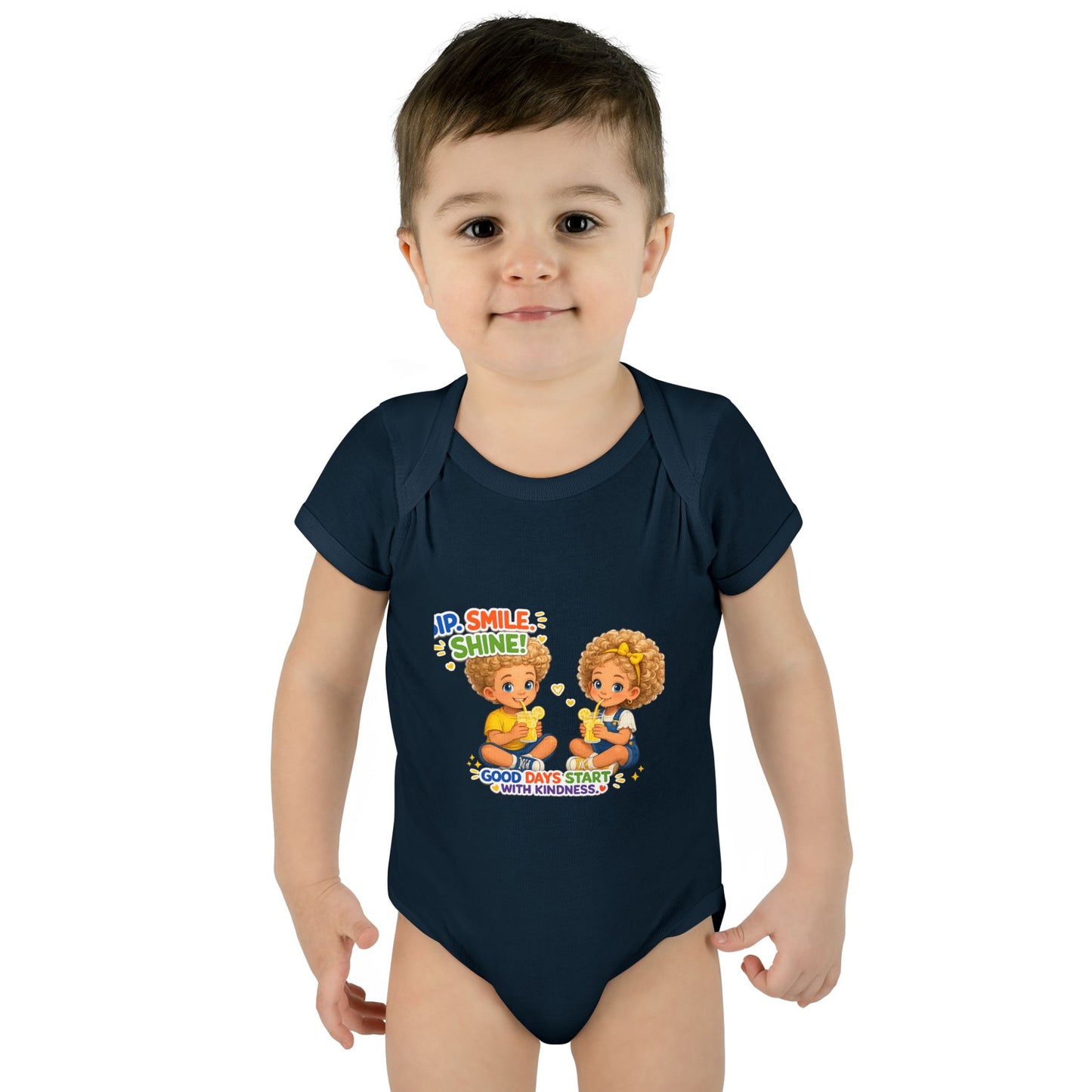 Infant Bodysuit "Rise, Smile, Shine!" Cute Kids Graphic Onesie — "Good Days Start with Kindness"