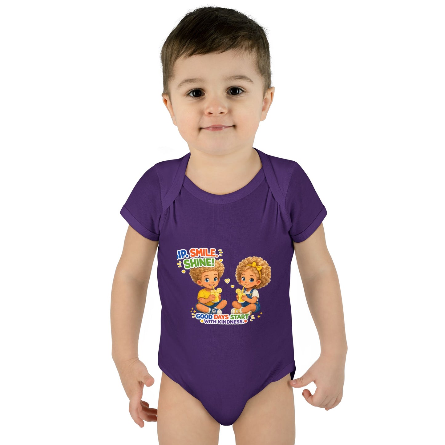 Infant Bodysuit "Rise, Smile, Shine!" Cute Kids Graphic Onesie — "Good Days Start with Kindness"