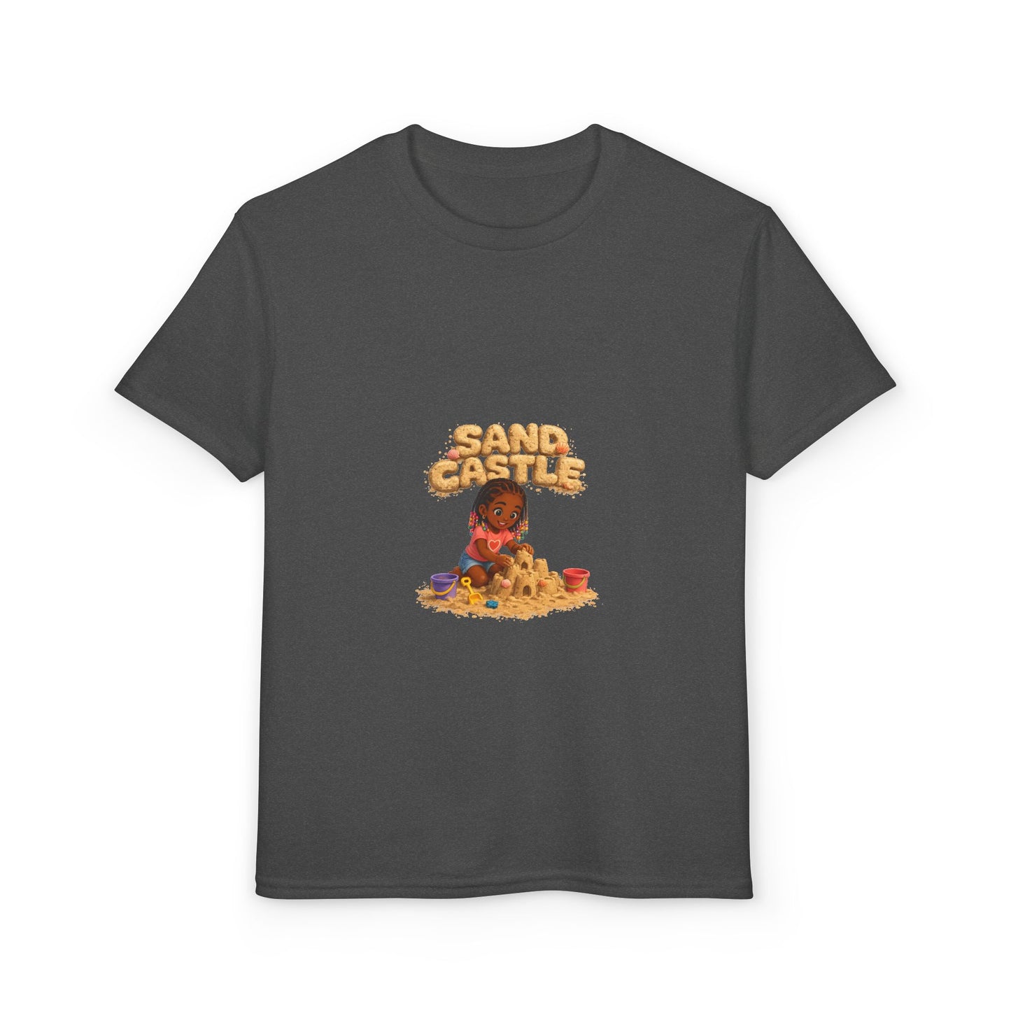 Kids "Sand Castle" Beach T‑Shirt — Cute Kid Building Sandcastle Graphic