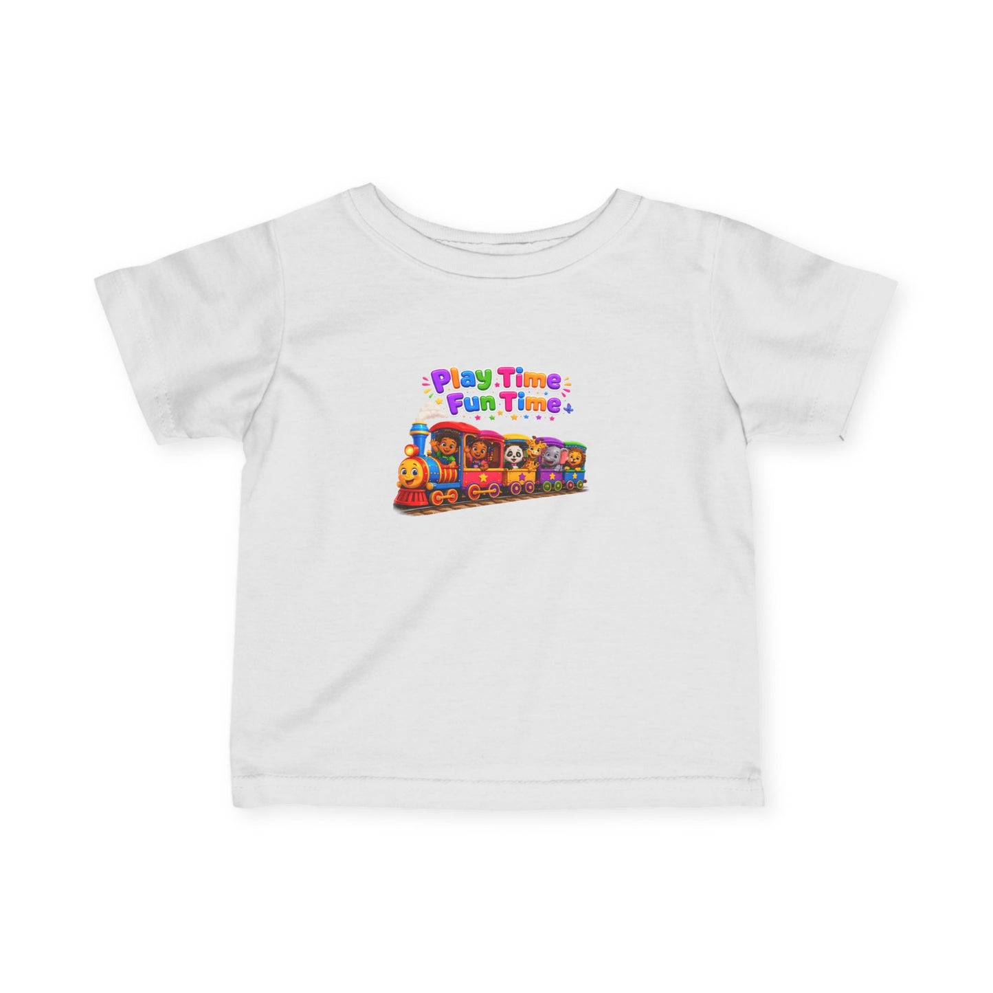 Infant Tee — "Play Time Fun Time" Colorful Toy Train Baby Shirt