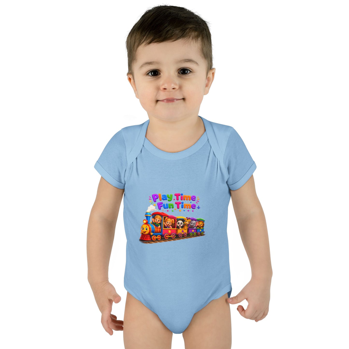 Play Time Fun Time Baby Bodysuit — Colorful Train Infant Onesie