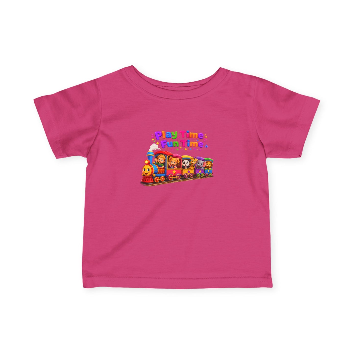 Infant Tee — "Play Time, Fun Time" Colorful Train Baby Shirt