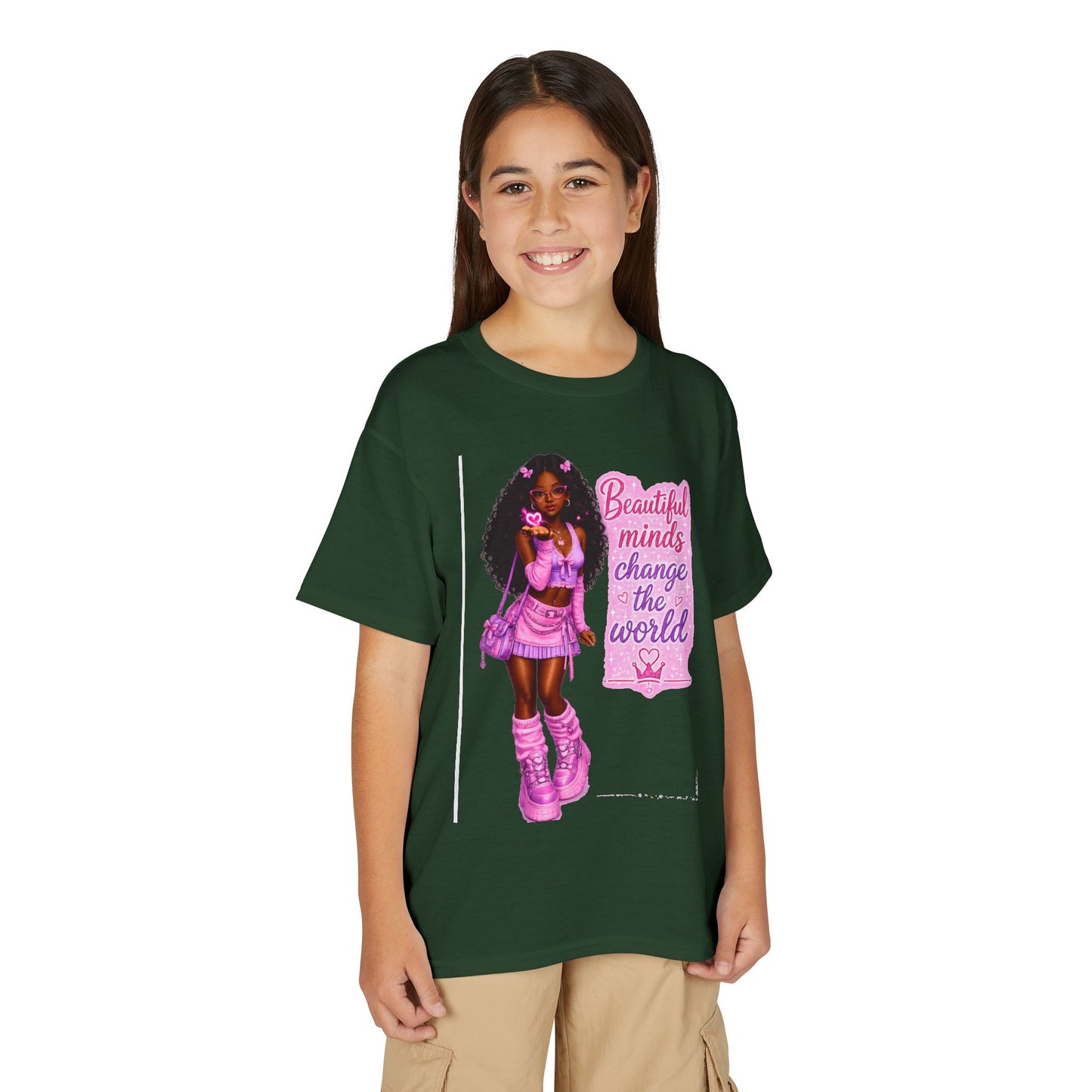 Youth T-Shirt — "Beautiful Minds Change the World" Pink Afro Girl Empowerment Tee