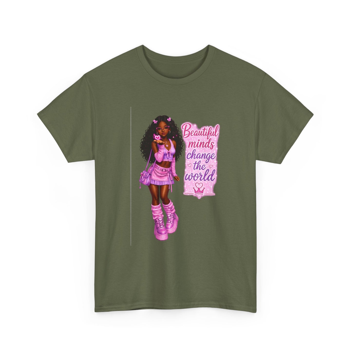 T-Shirt — 'Beautiful Minds Change the World' Pink Afro Girl Graphic