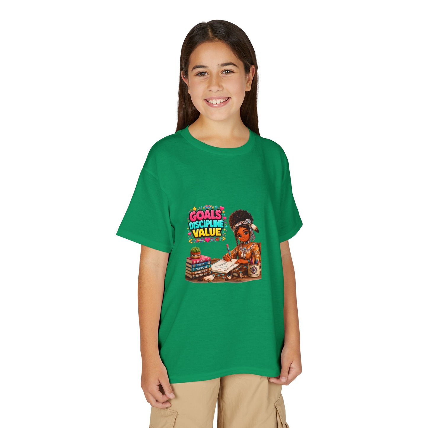 Youth T-Shirt — "Goals, Discipline, Value" Black Girl Studying Design