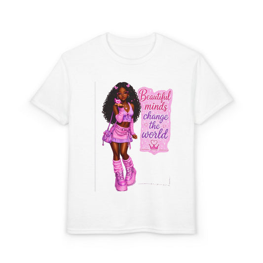 Youth T-Shirt — "Beautiful Minds Change the World" Pink Afro Girl Empowerment Tee