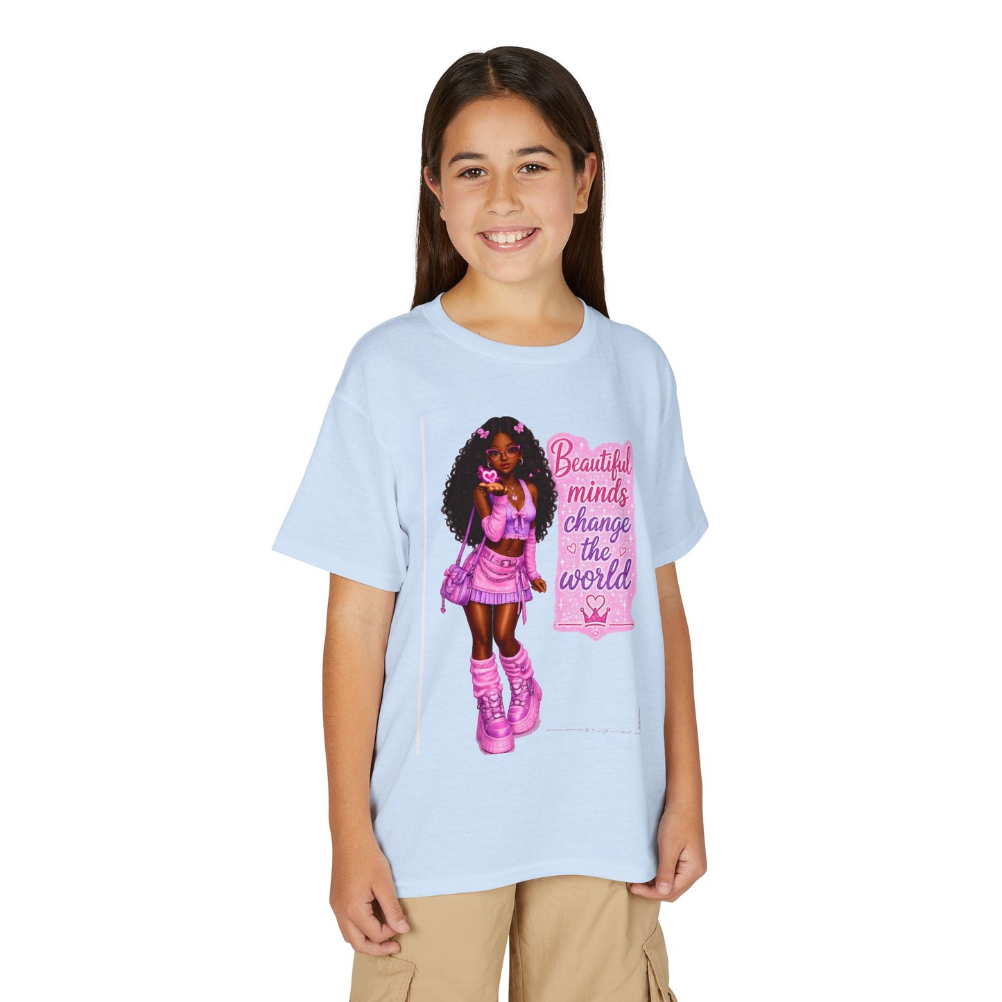 Youth T-Shirt — "Beautiful Minds Change the World" Pink Afro Girl Empowerment Tee
