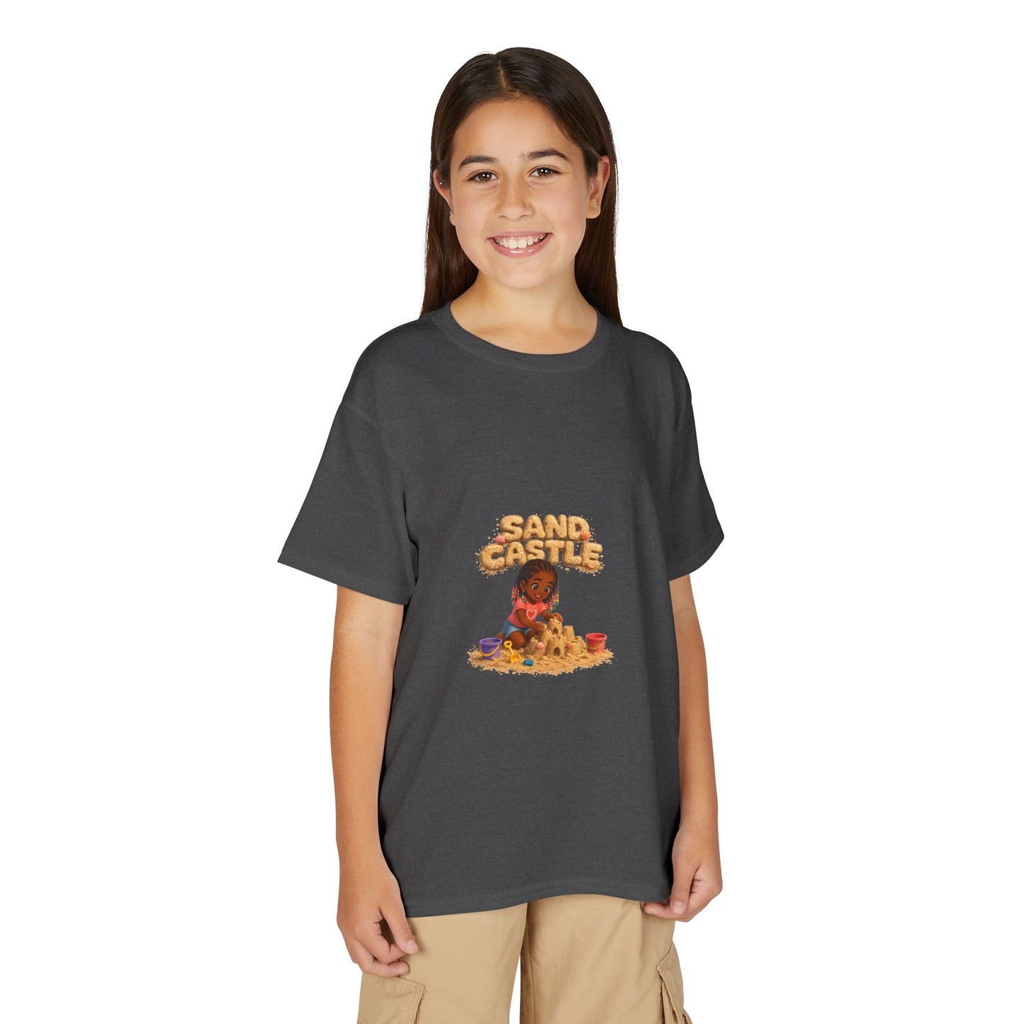 Kids "Sand Castle" Beach T‑Shirt — Cute Kid Building Sandcastle Graphic