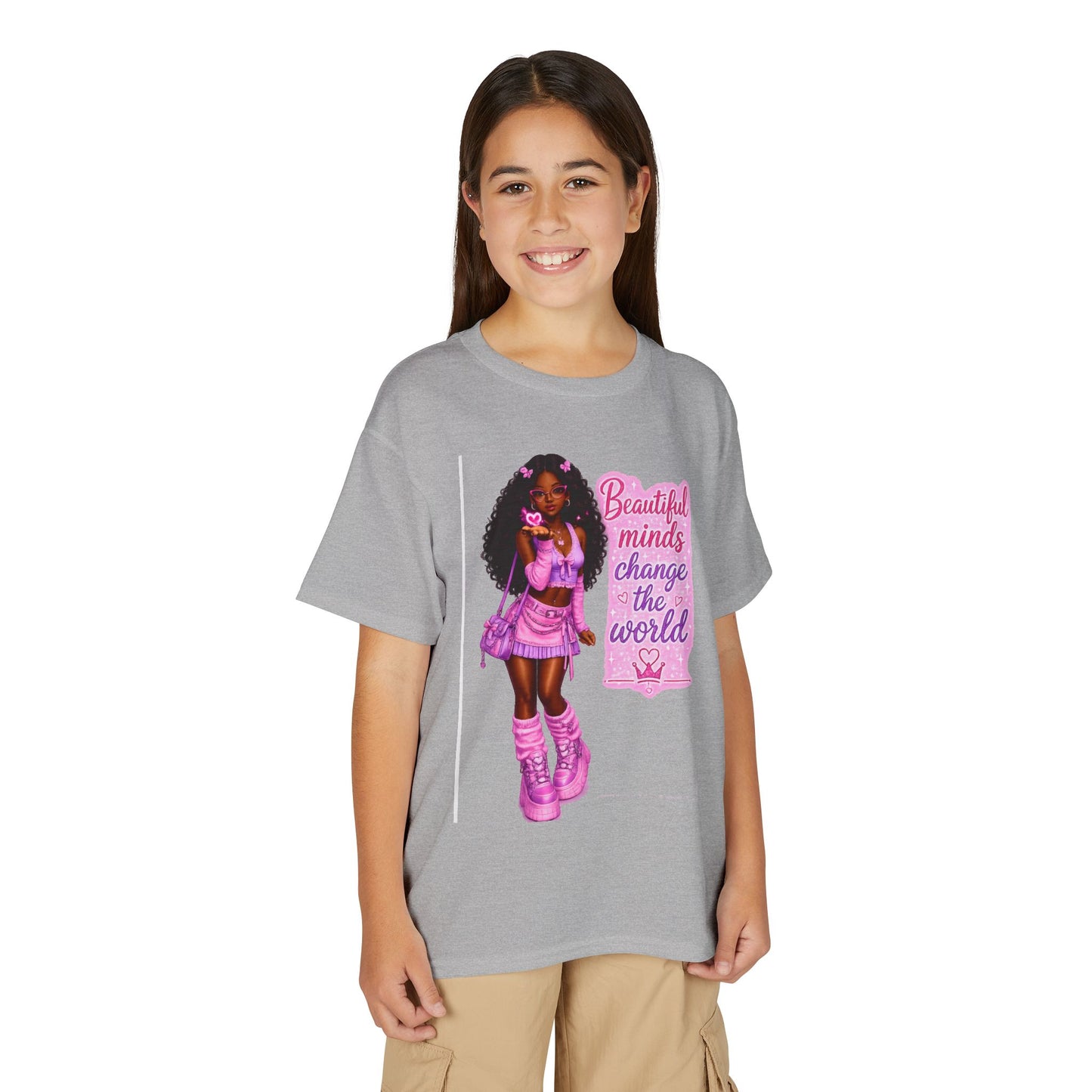 Youth T-Shirt — "Beautiful Minds Change the World" Pink Afro Girl Empowerment Tee